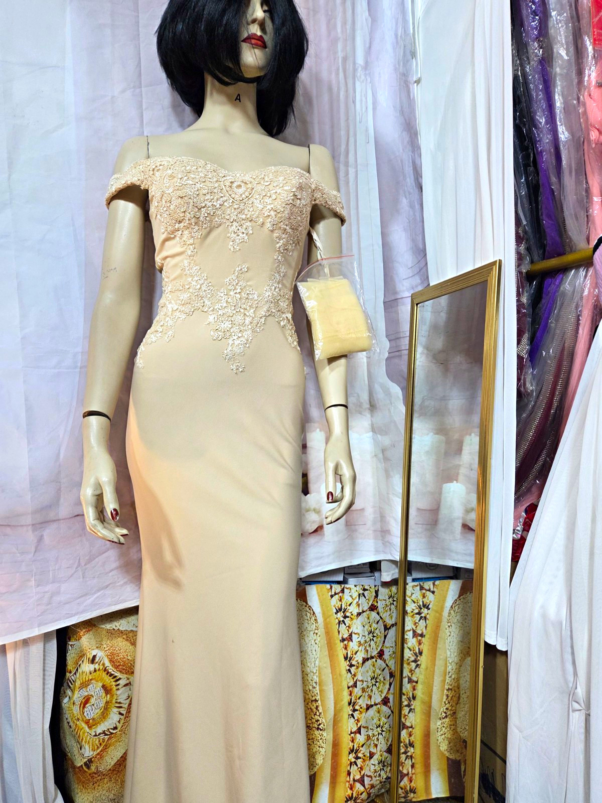 Dancing Queen Beige Off-Shoulder Lace Bodice Floor-Length Dress Cap Sleeve NWT
