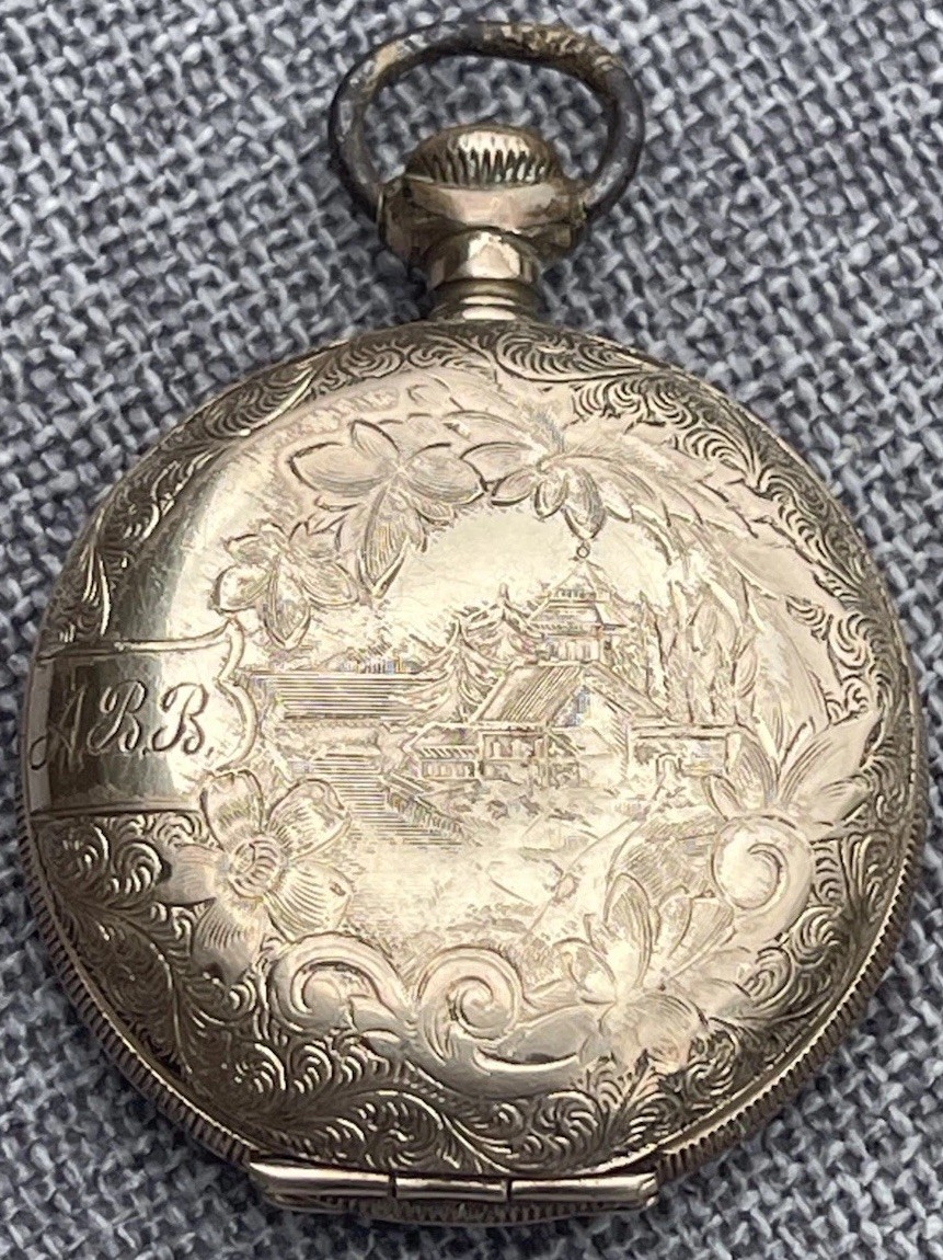 Antique Swiss Pocket Watch Hunter RGP Case Homestead & Deer Adolf Schwob Repair