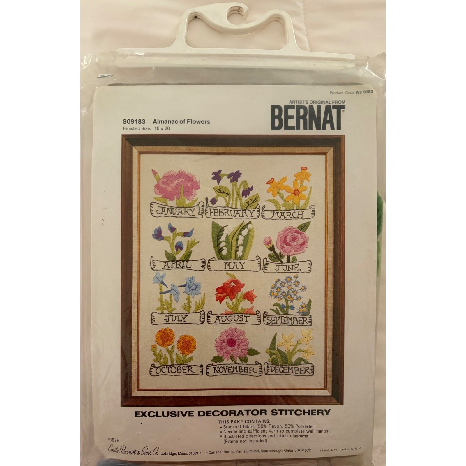 Vintage 1975 Bernat Almanac of Flowers Crewel Embroidery Kit S09183 16x20 New