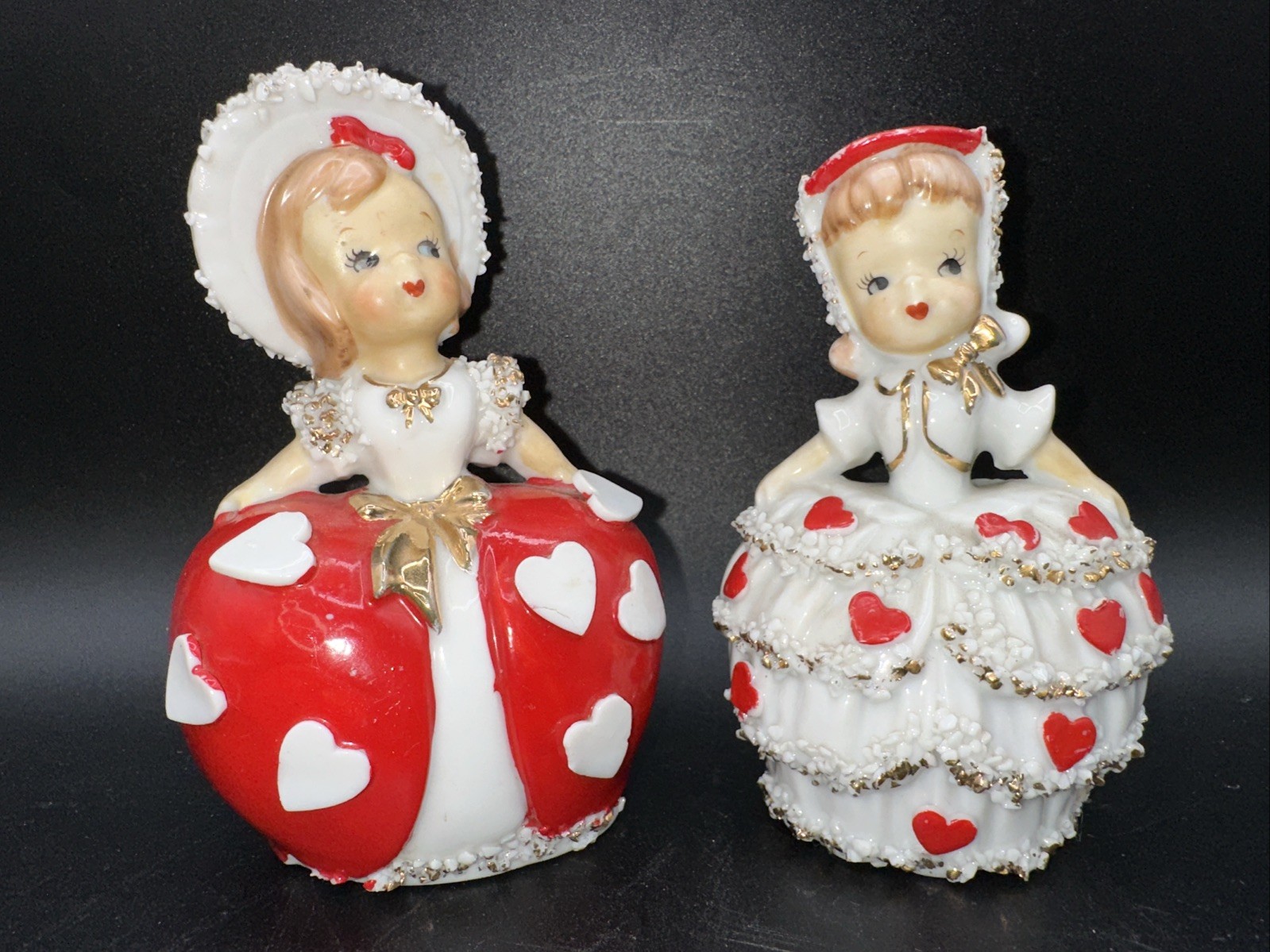 VINTAGE LEFTON VALENTINE HEARTS GIRL BELL FIGURINE ~ PAIR (2) Spaghetti Trim 033