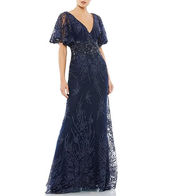 Mac Duggal Midnight Blue Embellished Illusion V-Neck Flutter Sleeve Gown 10 $798 Mac Duggal Midnight Blue Embellished Illusion V-Neck Flutter Sleeve Gown 10 $798
