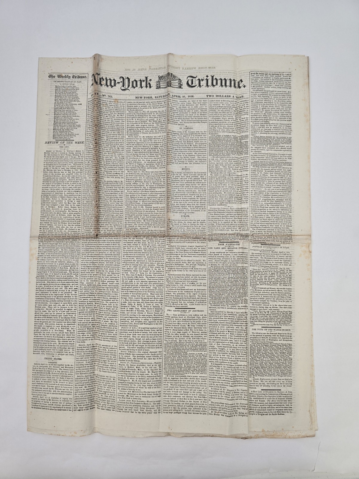 New York Tribune Newspaper 1856 Saturday April 26th Indian Corn Kansas New York Tribune Newspaper 1856 Saturday April 26th Indian Corn Kansas