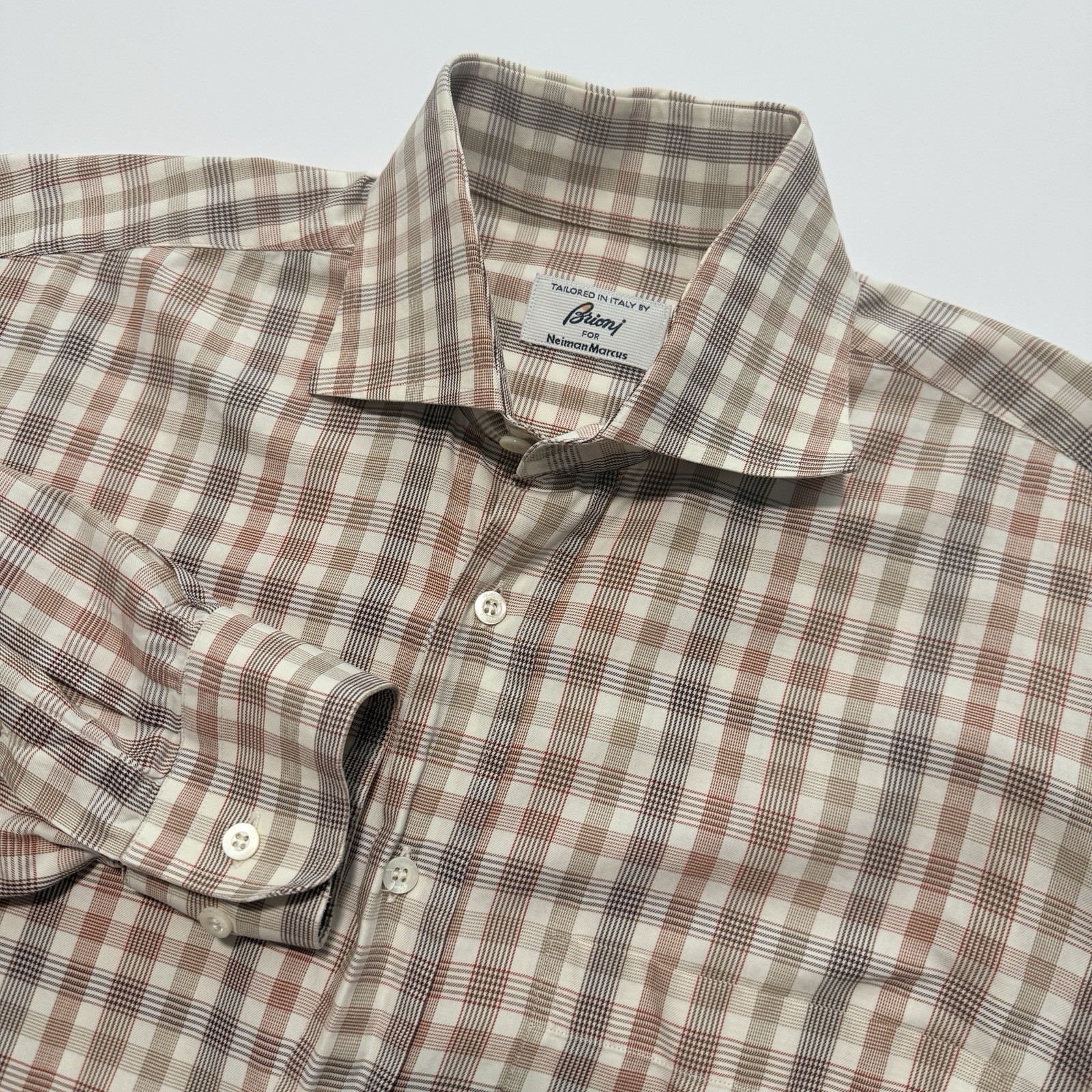 Brioni For Neiman Marcus Shirt Men’s Large Brown Plaid Button Up Made In Italy