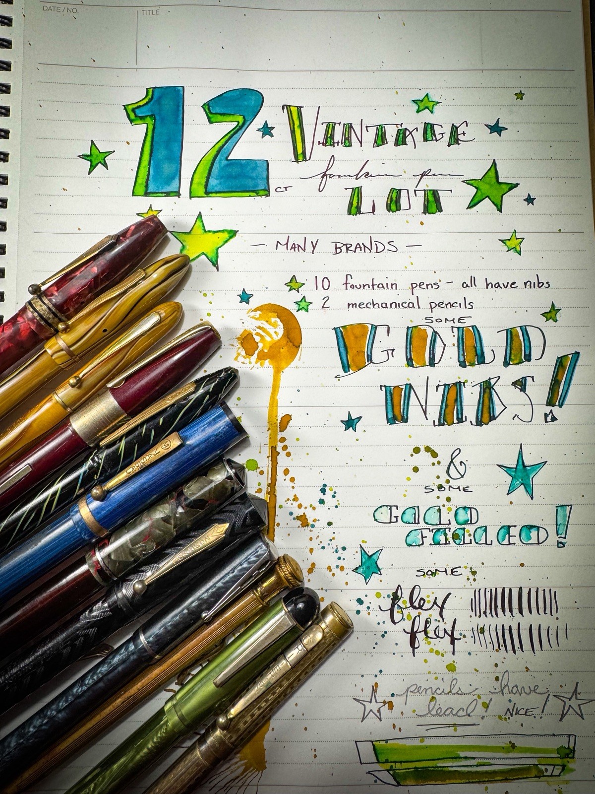 Vintage Fountain Pen Lot Of 12 - Gold Nibs/ Flex Nibs 