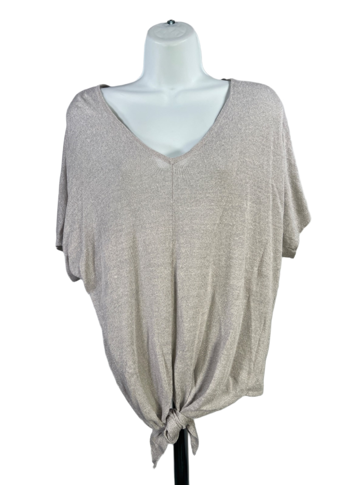 Chico\'s Women\'s Gray Metallic Tie Front Semi-Sheer Short Sleeve Shirt - 2/US L