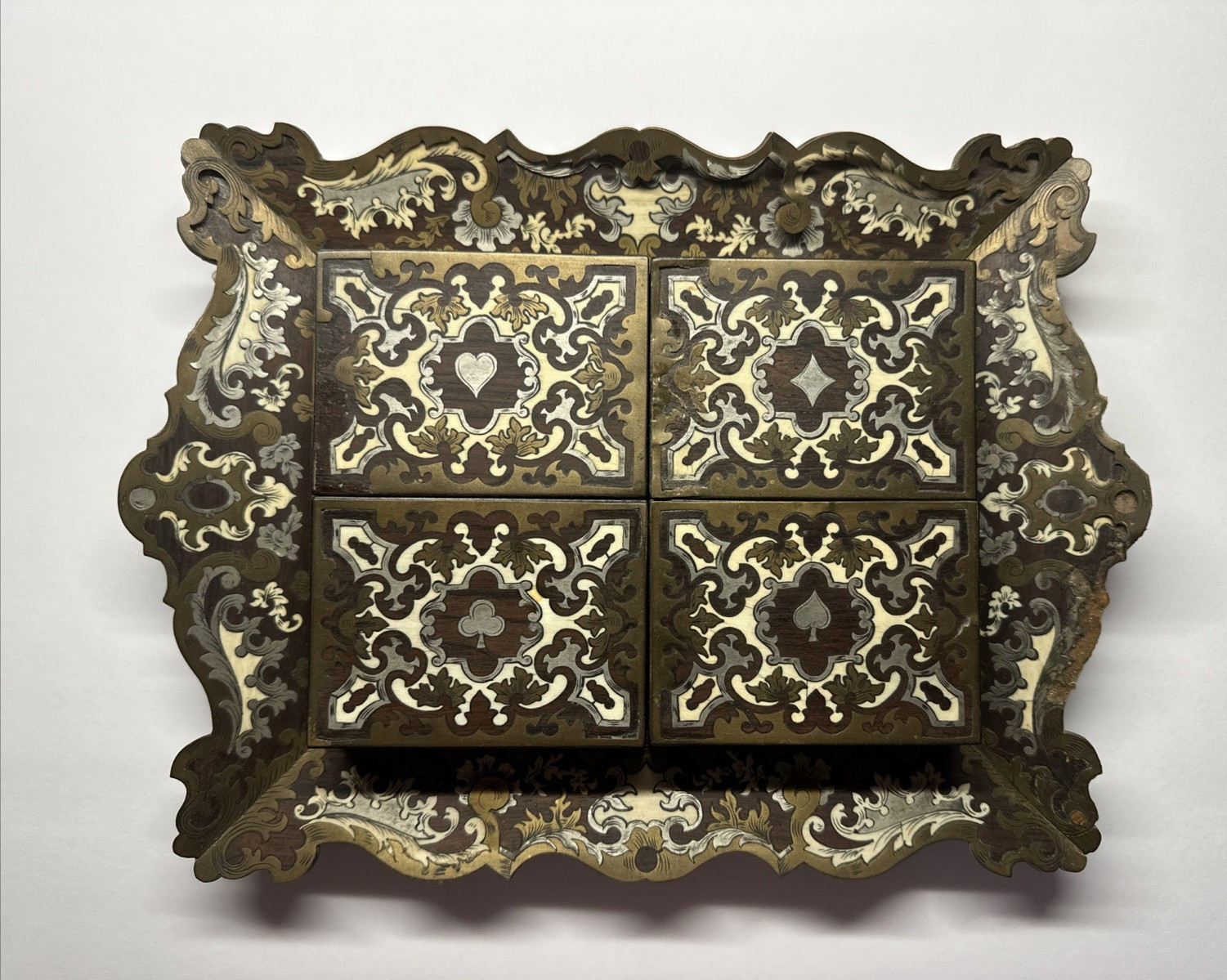 Antique 19th C Boulle Marquetry Game Card Box Set 4 Suit Boxes Scalloped Tray