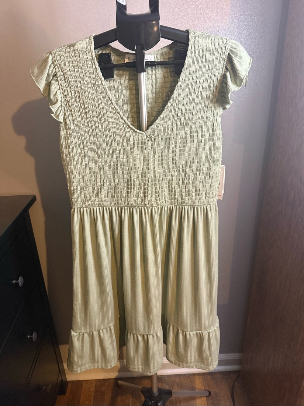 Lucky Brand Sage Green Smocked Flutter Sleeve Dress Medium NWT