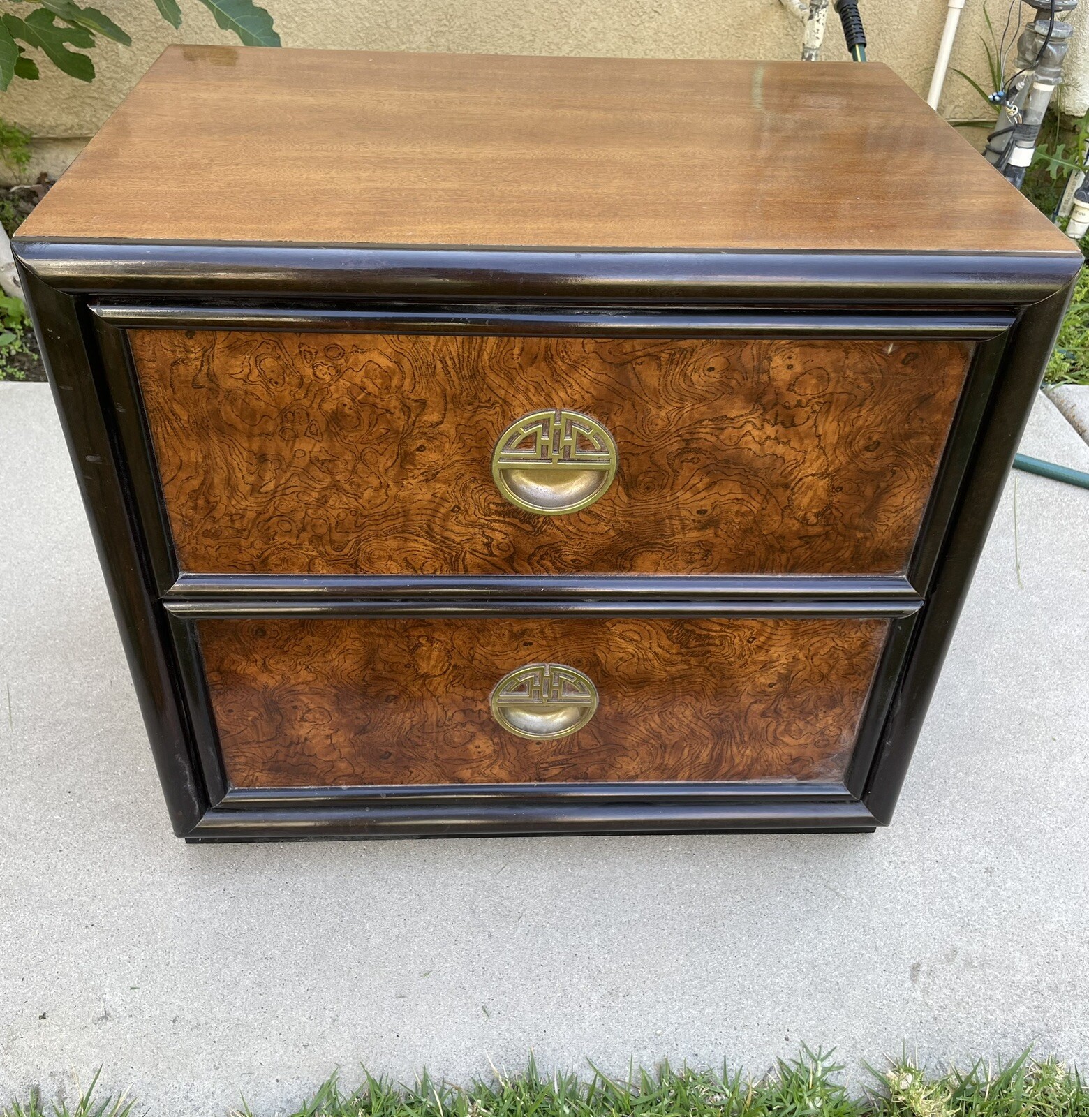 Dixie Shangri-La Mahogany Burl & Brass 2-Drawer Nightstand, Black Trim, USA