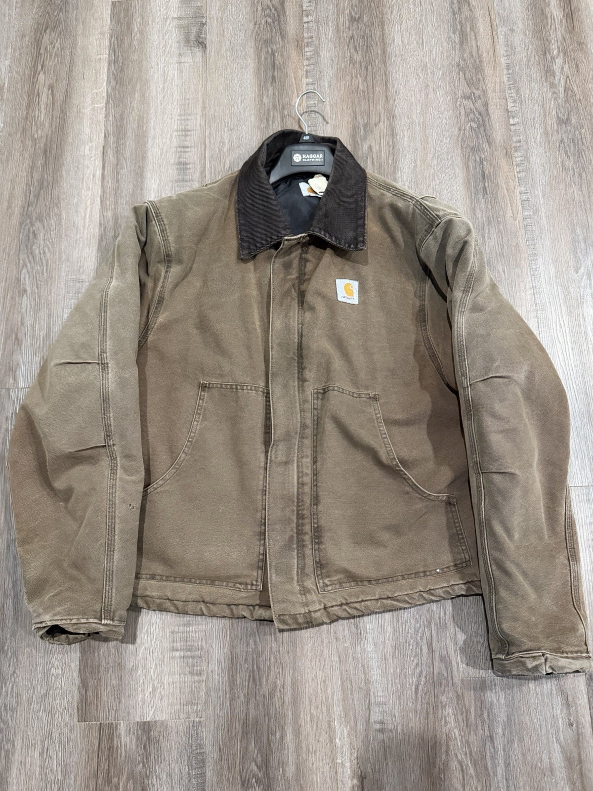 Vintage Carhartt Chore Coat Jacket Made in USA Brown Duck Canvas Corduroy Collar
