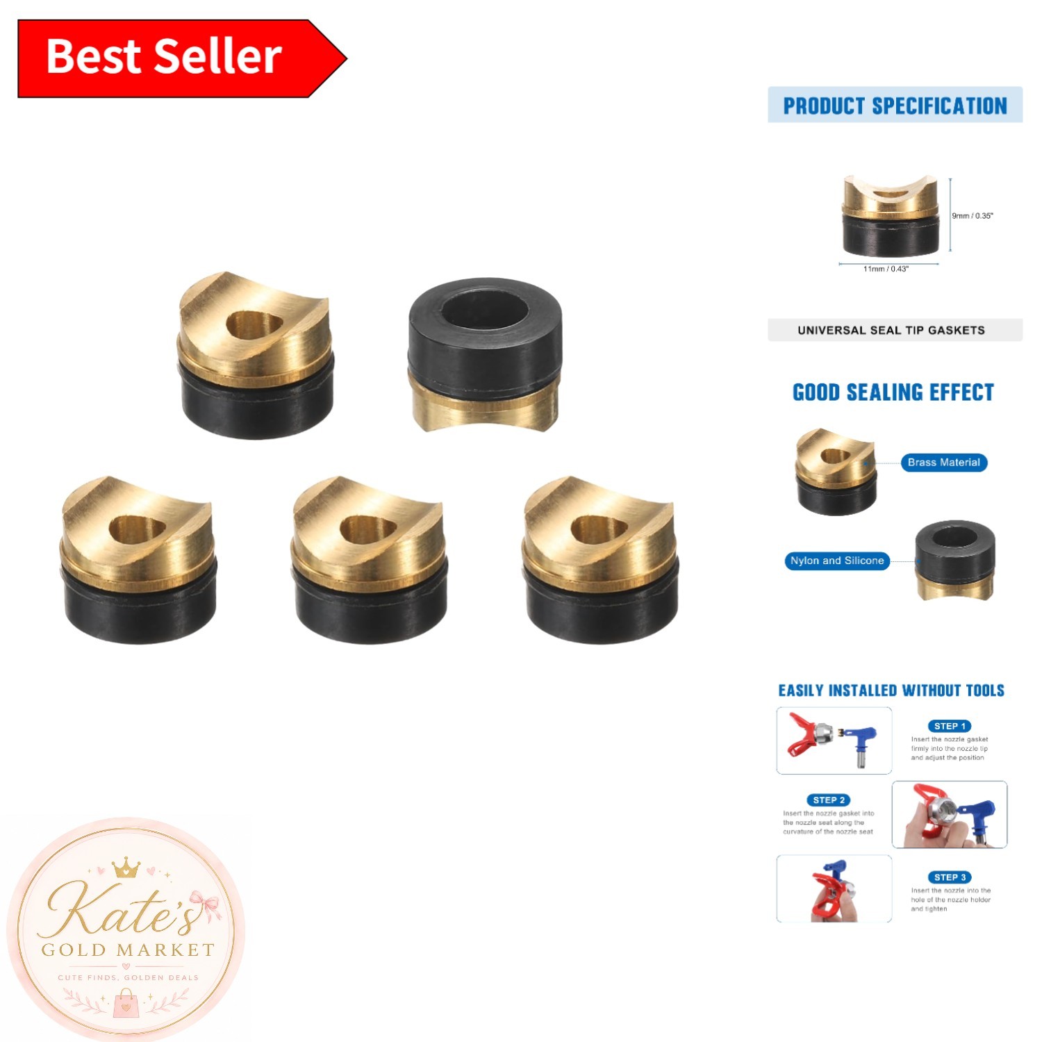 5 Pcs  Brass Seal Tip Gaskets for Airless Paint Sprayers - Leak-Proof
