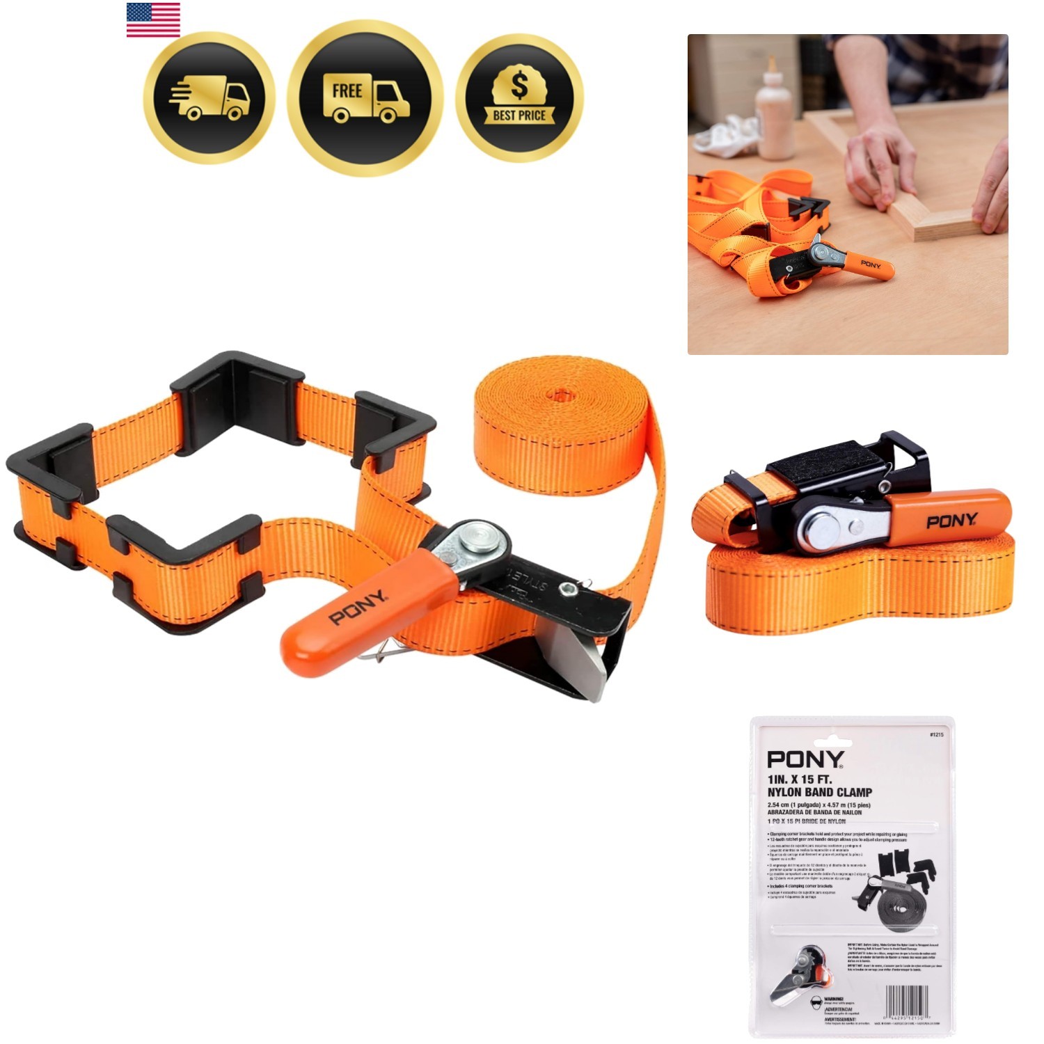 Jorgensen 1215 Adjustable Band Clamp for Woodworking and Framing, 15-Foot Str...