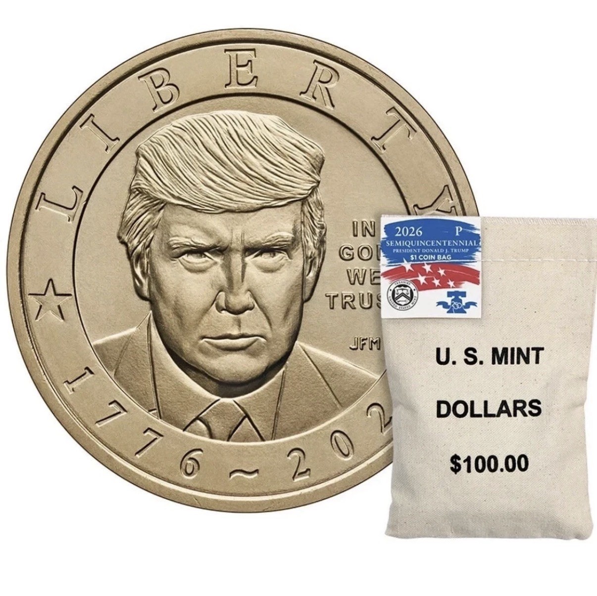 IN HAND SEALED 2026 Semiquincentennial President Donald Trump $1 Coin Bag $100