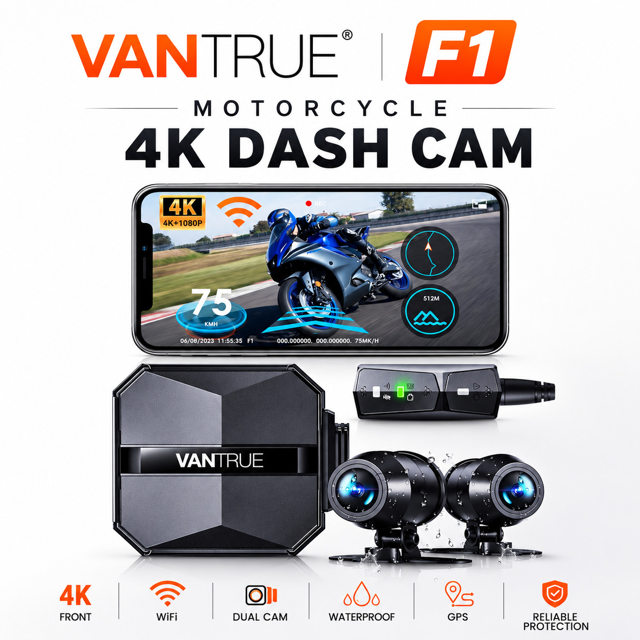 Vantrue F1 4K Motorcycle Camera Front & Rear GPS WiFi Night Vision 512GB Max