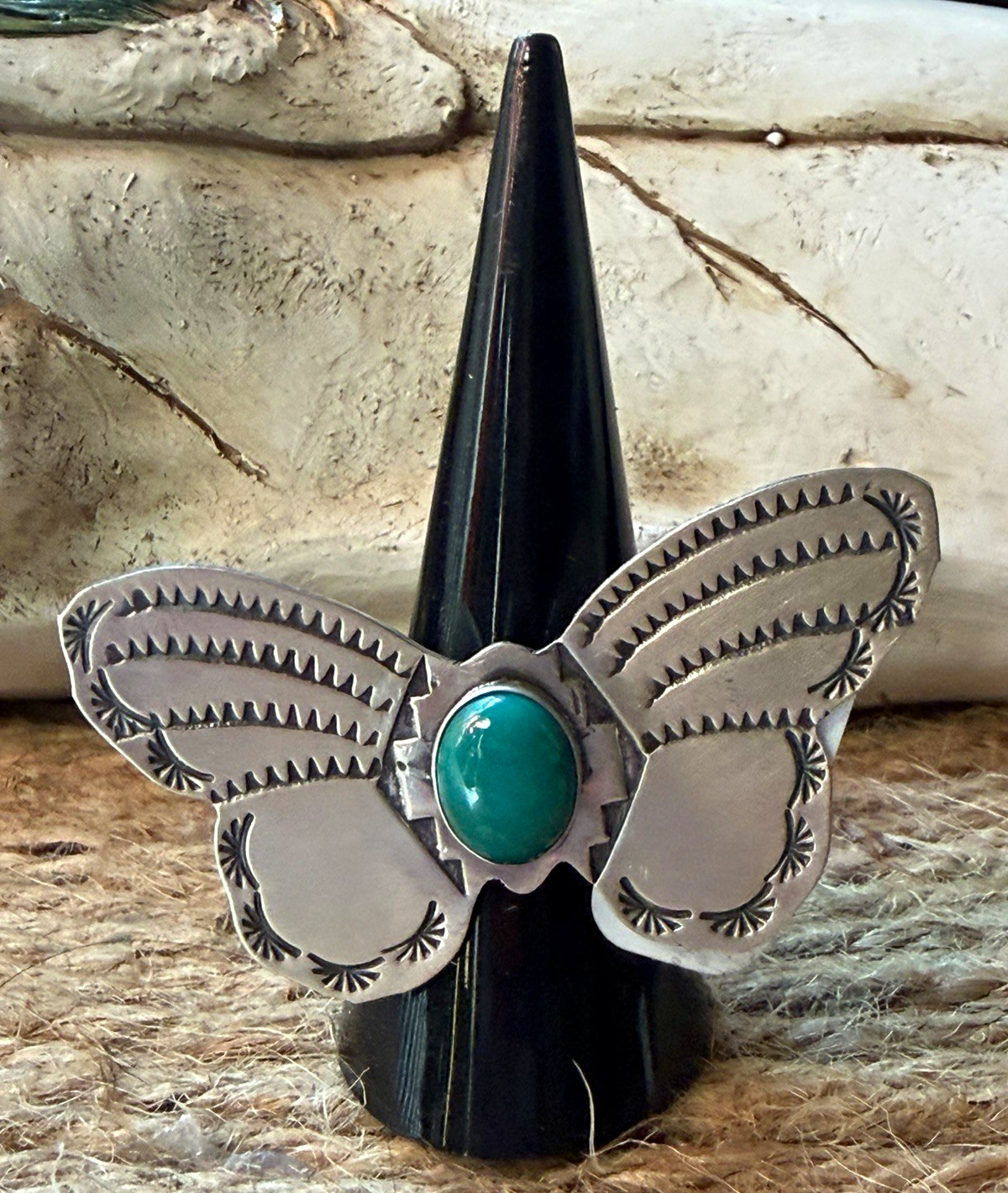 Rick Enriquez Navajo Sterling Silver Turquoise Butterfly Ring Adjustable Signed Rick Enriquez Navajo Sterling Silver Turquoise Butterfly Ring Adjustable Signed