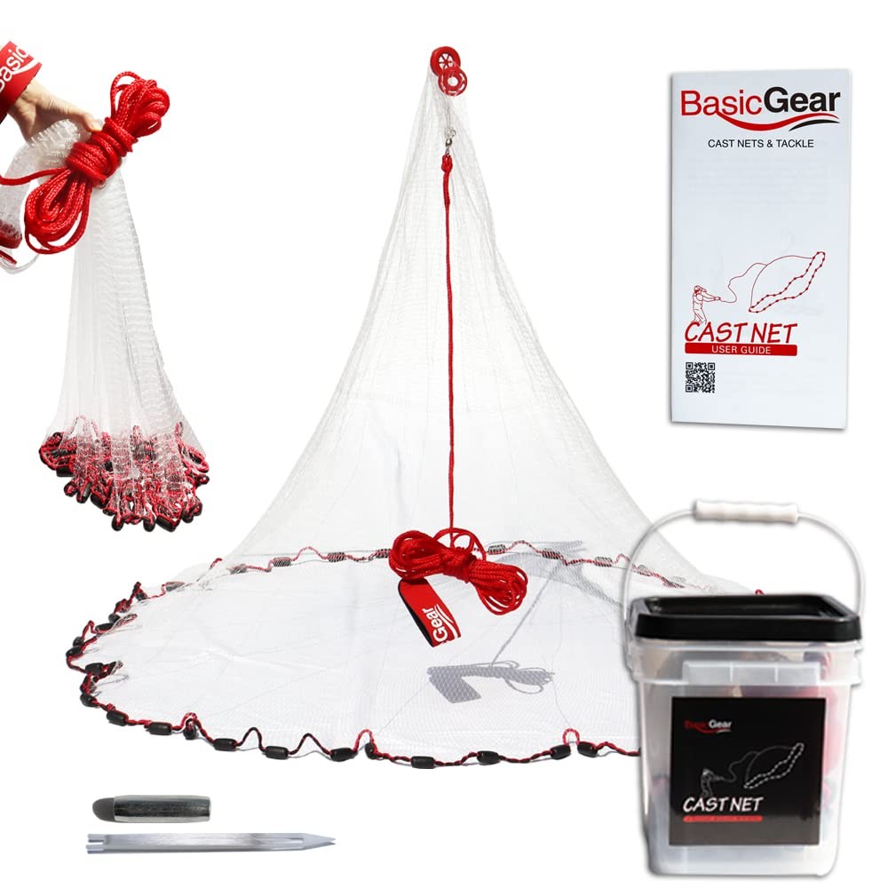 BasicGear Cast Net for Bait Trap Fish, Protected Weights, 4ft Radius with 3/8 BasicGear Cast Net for Bait Trap Fish, Protected Weights, 4ft Radius with 3/8