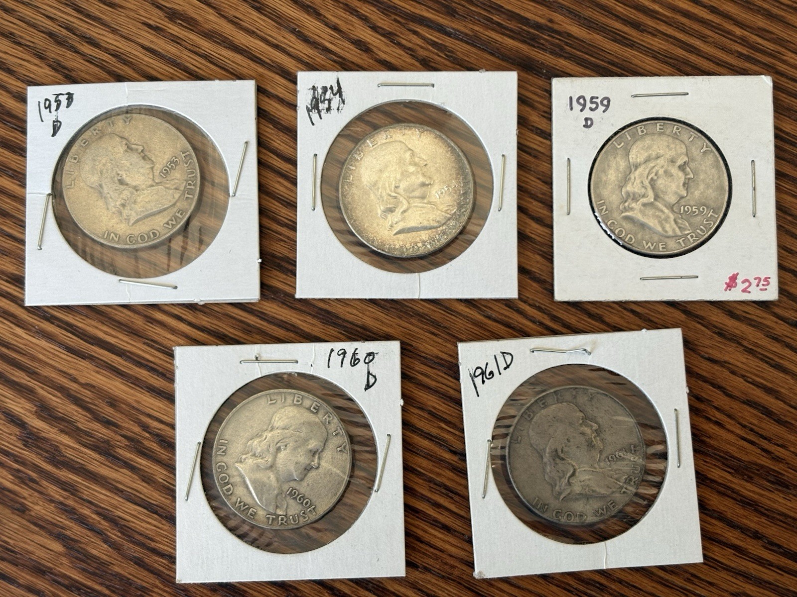  5 Franklin Half Dollars 90% Silver — 1953-D 1954 1959-D 1960-D 1961-D — Lot