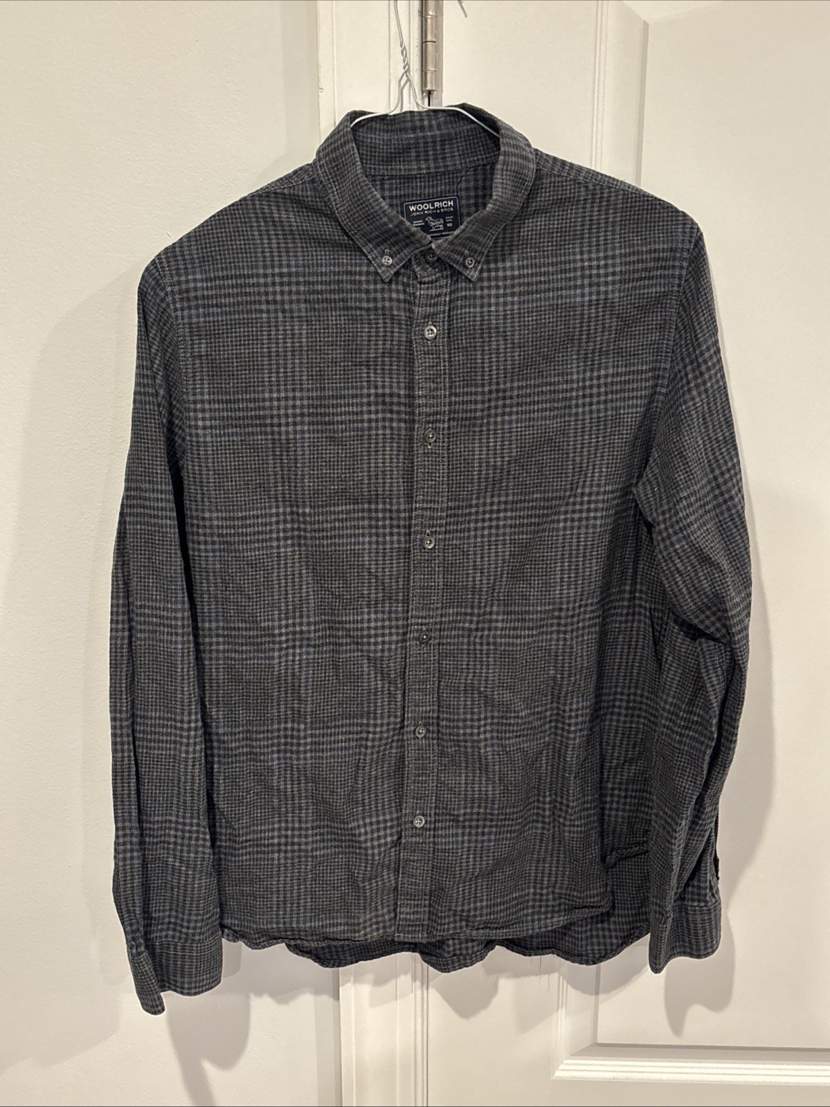 Woolrich Archive Pattern Woolen Mills Gray Blue Check Plaid Mens M Flannel RARE