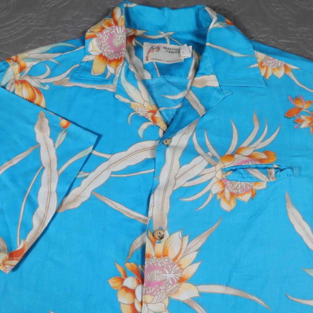VTG Malihini Hawaii 80s Tropical Hawaiian Floral Camp Shirt Mens Large Blue