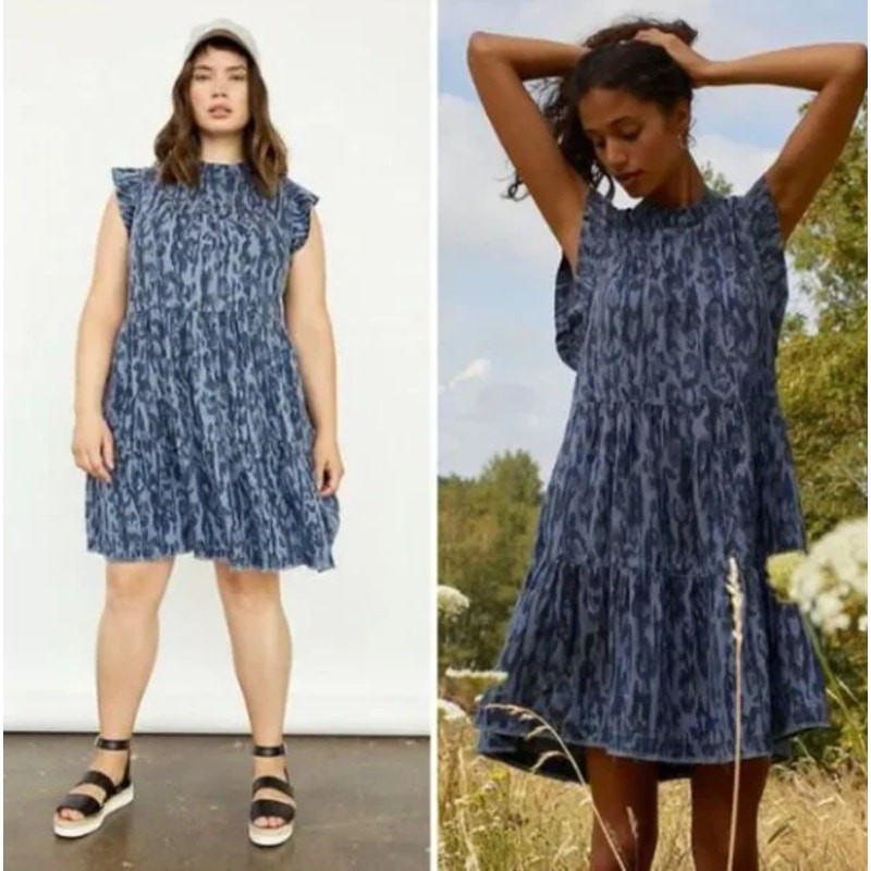 ANTHROPOLOGIE Jenee Tiered Tunic Dress Printed Chambray Sz M {RR26}