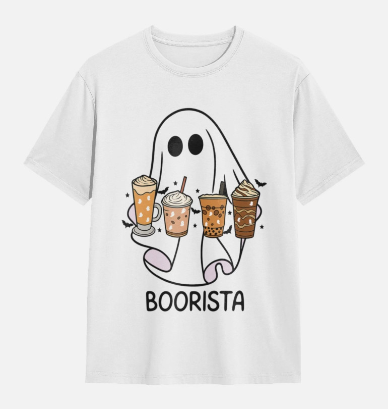 Boorista Ghost Coffee Lover Spooky Season Halloween Graphic White T-Shirt