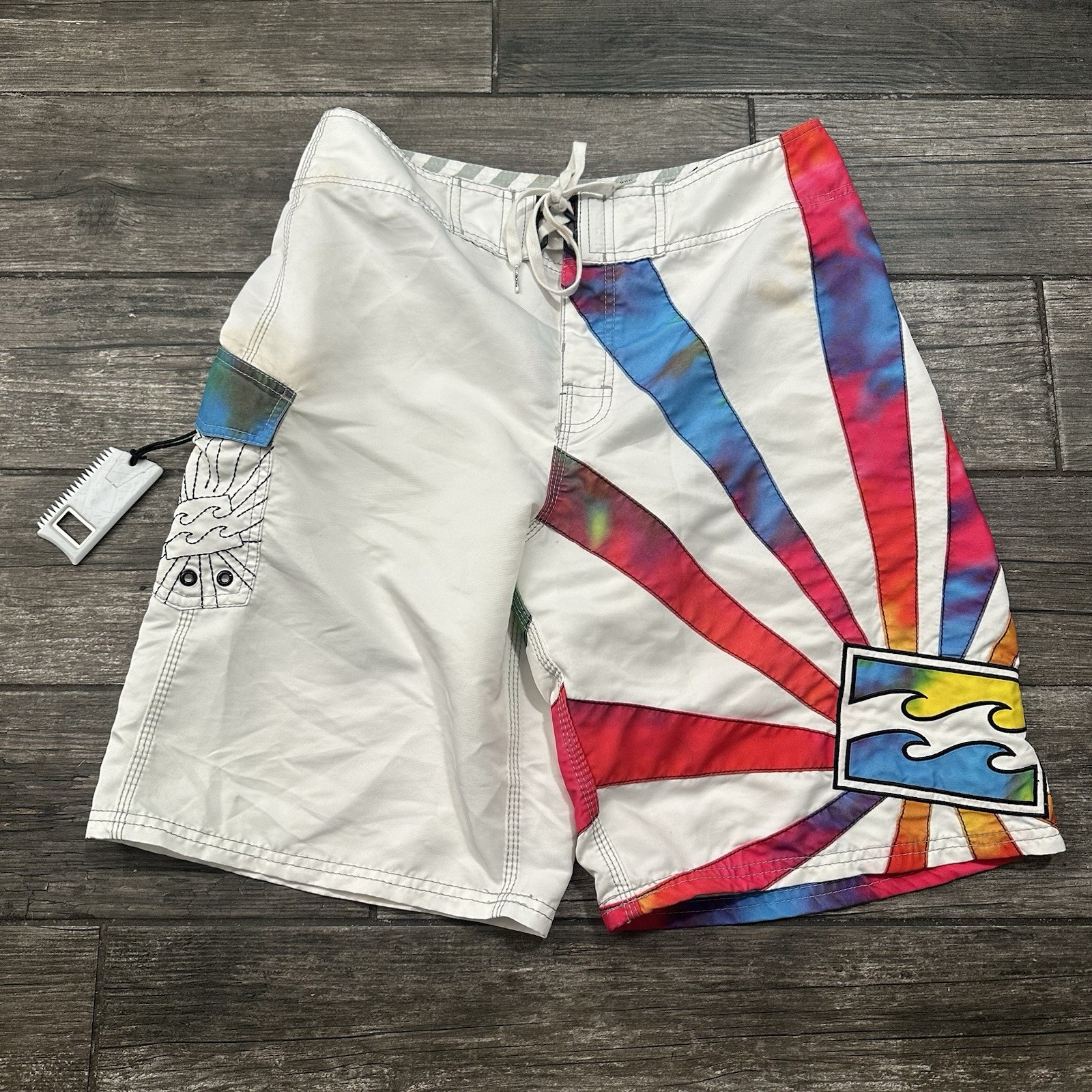 Y2K BILLABONG ANDY IRONS RISING SUN WHITE RAINBOW SUNBURST BOARDSHORTS TRUNK 33