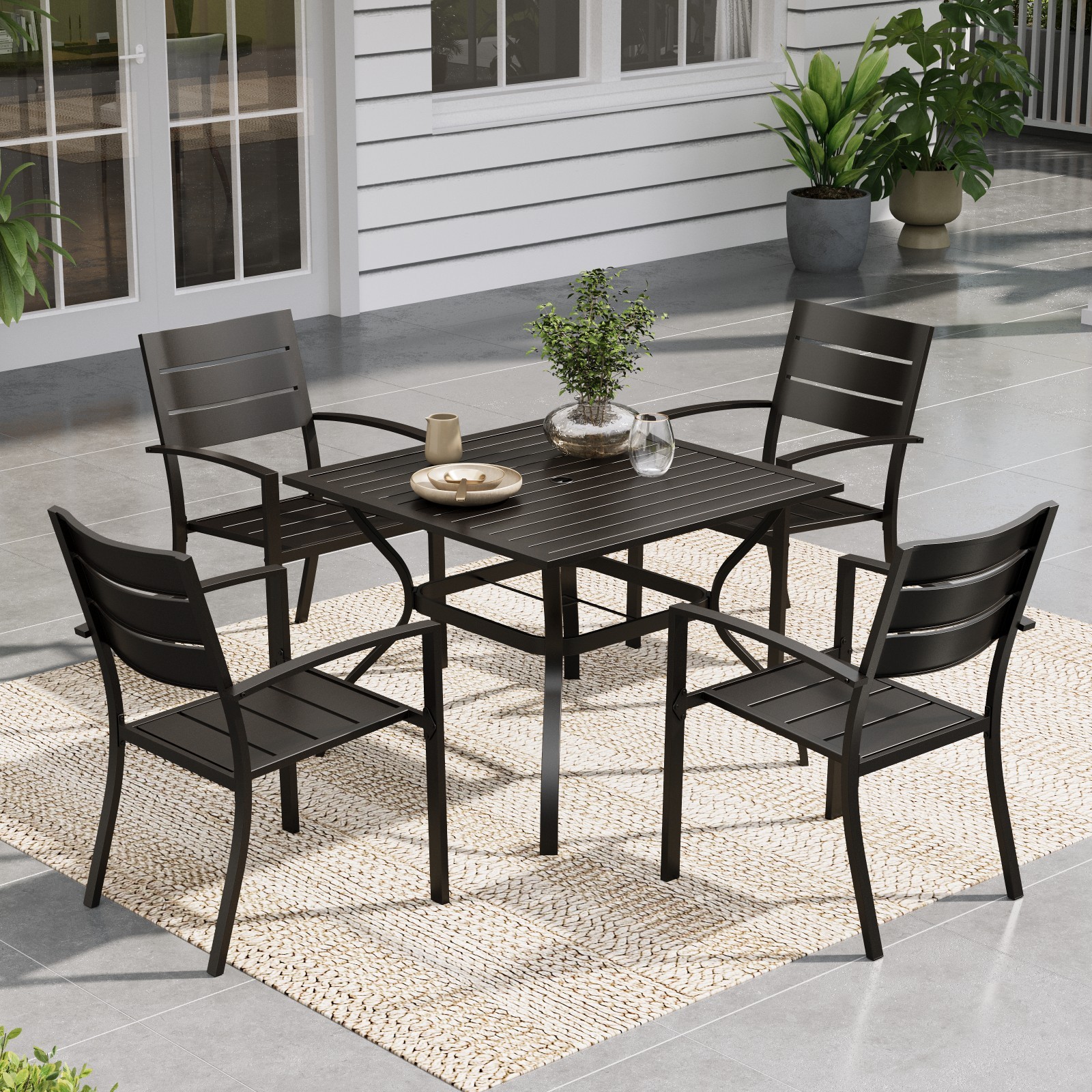 5-Piece Metal Outdoor Dining Set W/ Square Table 4 Chairs Patio Furniture Black