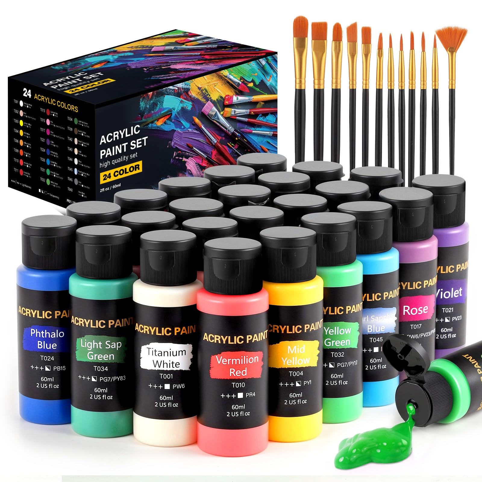 Acrylic Paint Set, 24 Colors (2 Oz/Bottle) with 12 Art Brushes, Art Supplies for Acrylic Paint Set, 24 Colors (2 Oz/Bottle) with 12 Art Brushes, Art Supplies for