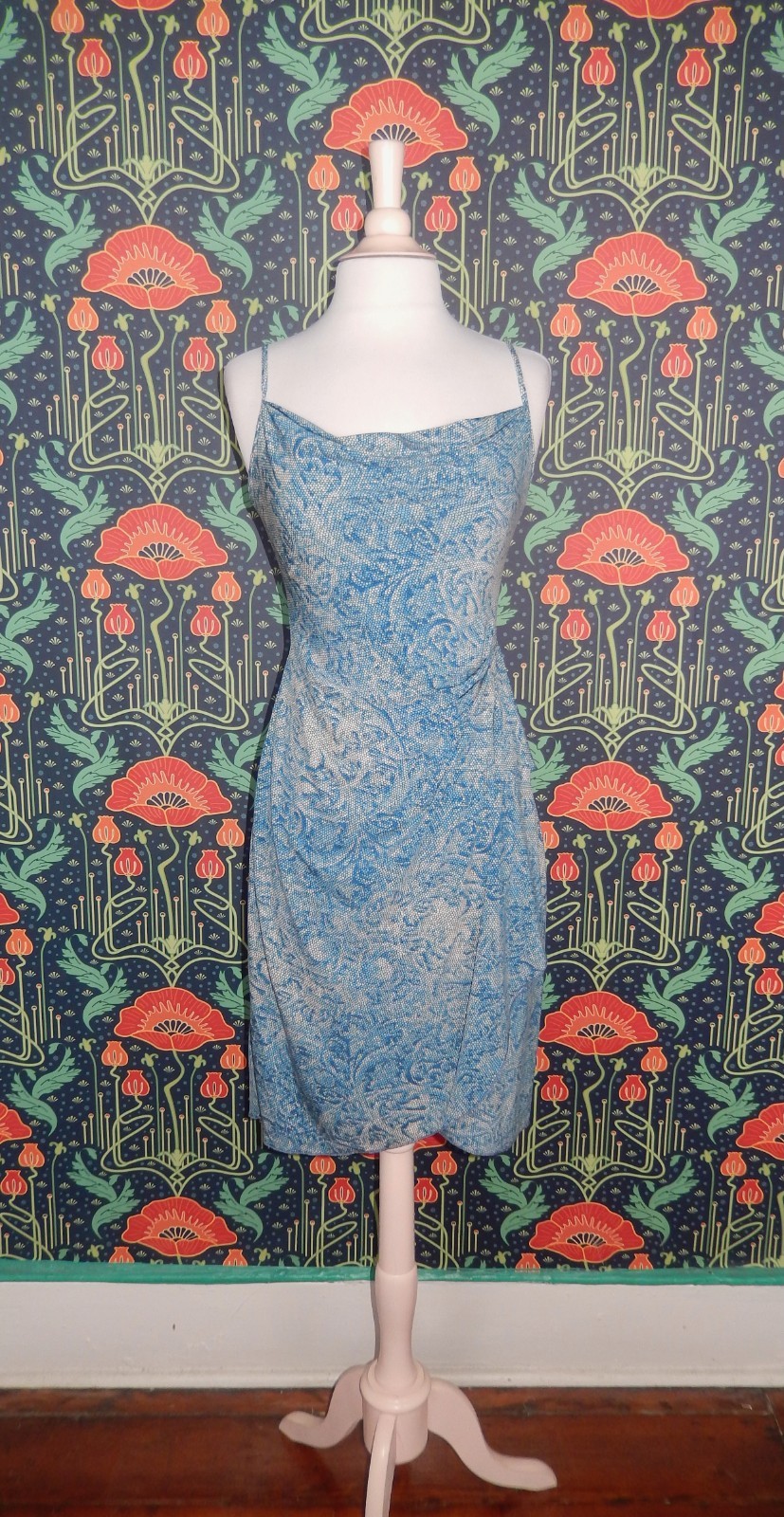 Vintage Y2k Bcbg Mosaic Tile Print Slip Blue Faux Wrap Cowl Neck Dress S