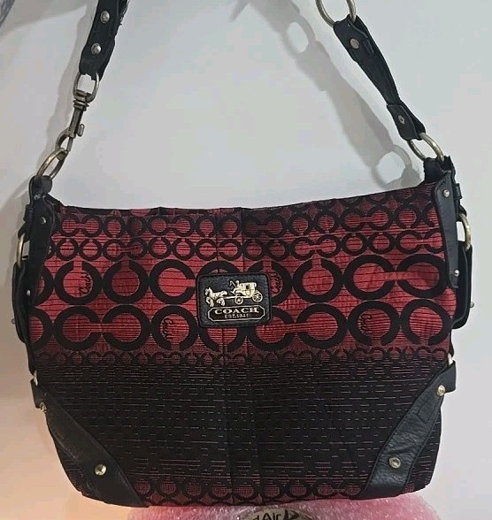 Vintage COACH Signature Carly Hobo 10619 Canvas Shoulder Bag Black/Red Y2K