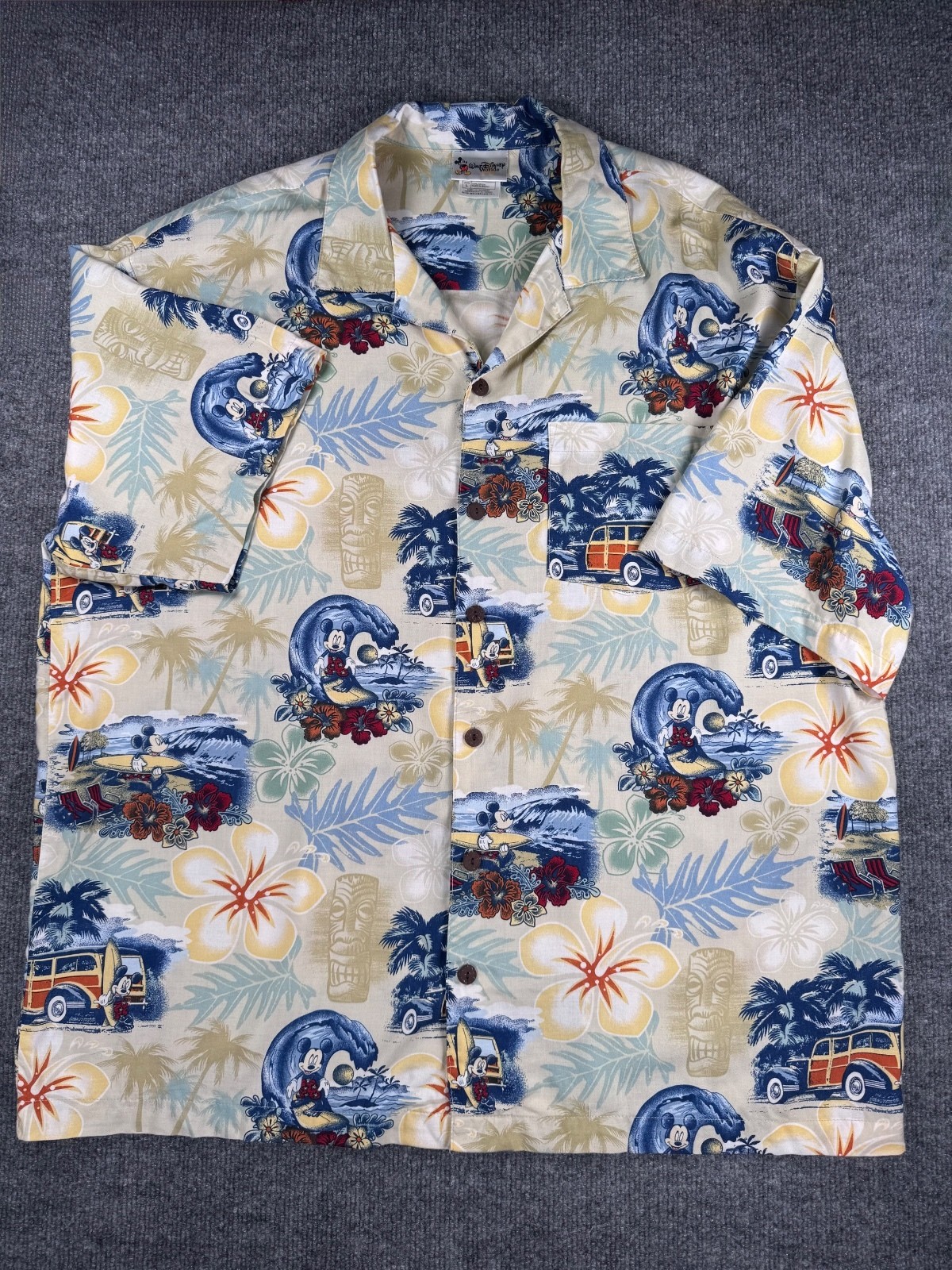 Disney Vintage Mickey Mouse Hawaiian Shirt Surf WoodyWagon Aloha Rayon Y2K Large