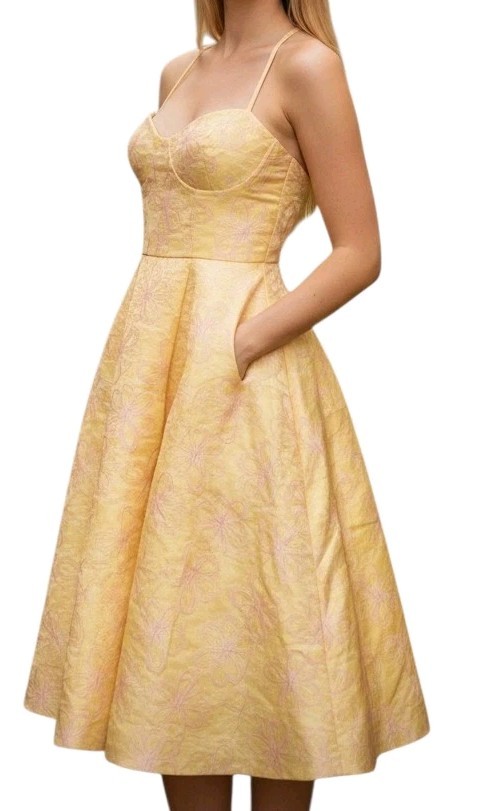NWT Lulus Sz L Women\'s Meet For Tea Yellow Bustier Jacquard Preppy Midi Dress