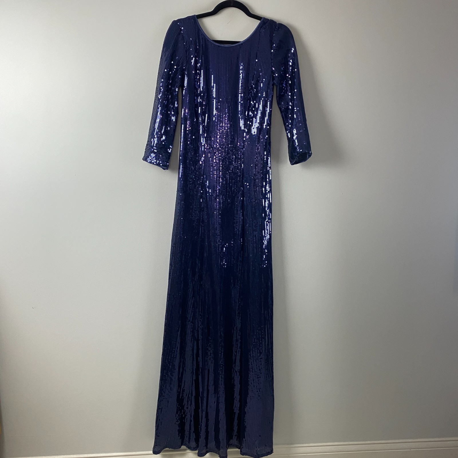 SHO by Tadashi Shoji Taylor Sequin Open-Back Gown Large Navy 3/4 Sleeves
