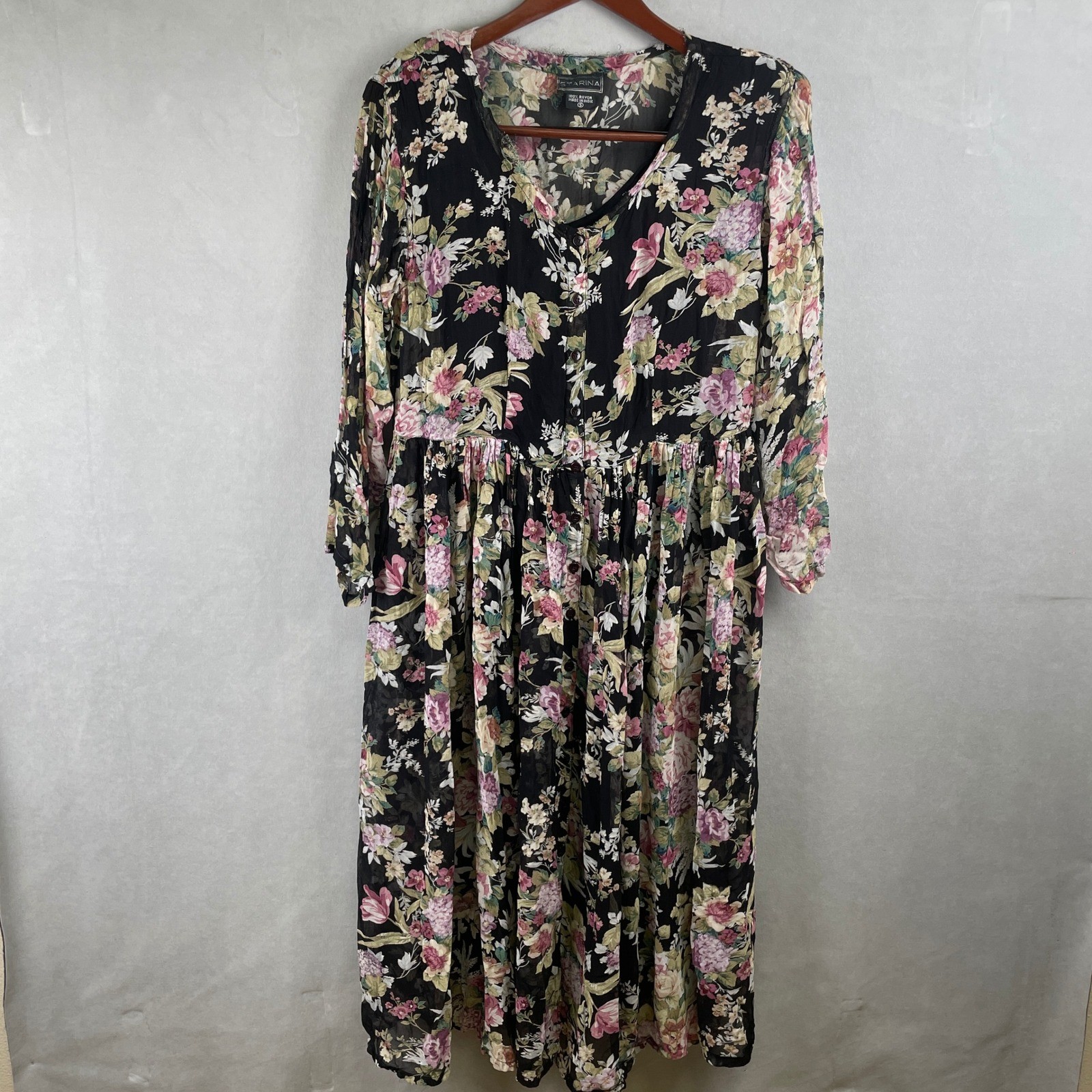 VTG Starina Black Floral Rayon Button Boho Whimsigoth Fairy Midi Dress S India