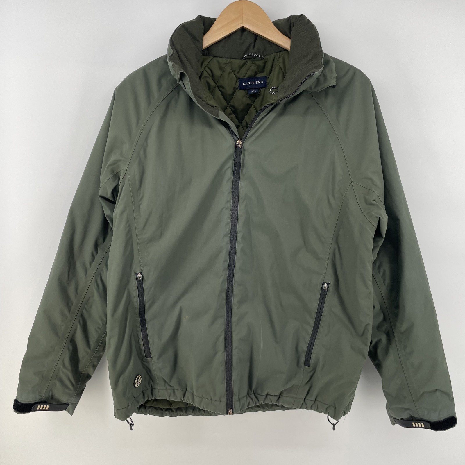 Vtg Lands End Jacket Men M Wind Waterproof Nylon Quilted Hooded Green Insulated