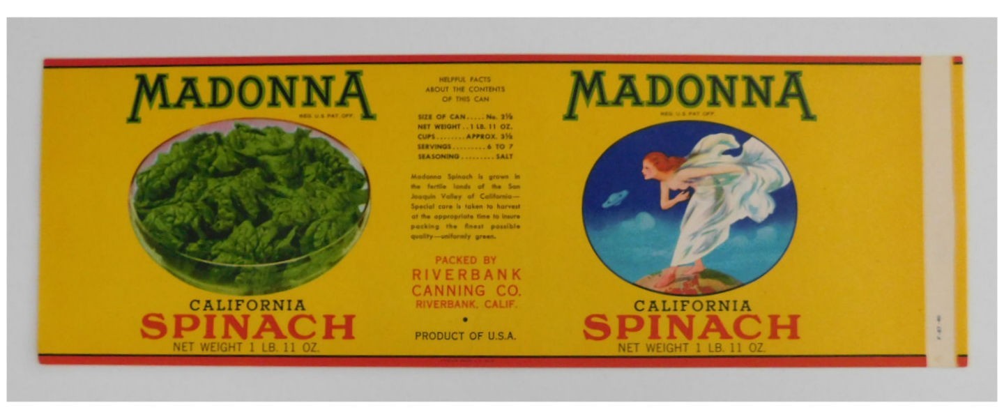 Vintage Madonna California spinach Can Label. Riverbank, California
