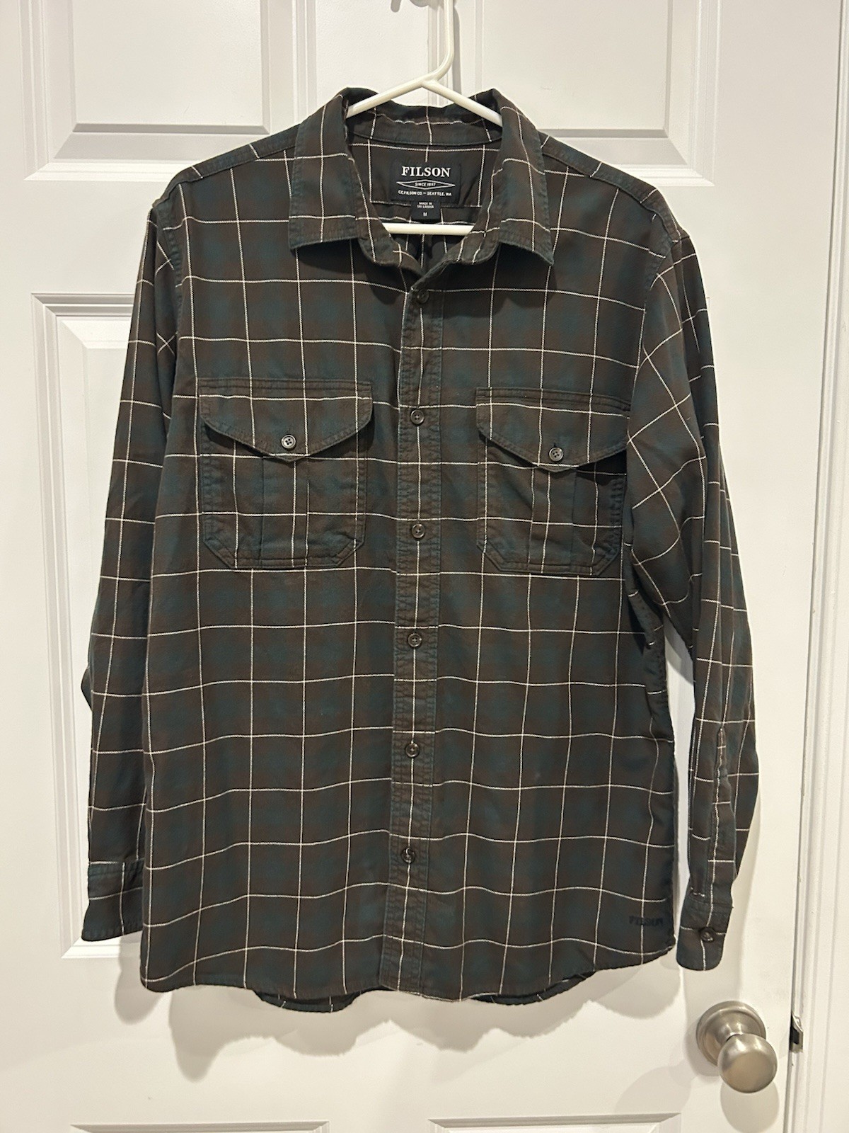 Filson Lightweight Alaskan Guide Shirt Mens M Green Brown Windowpane Plaid EUC
