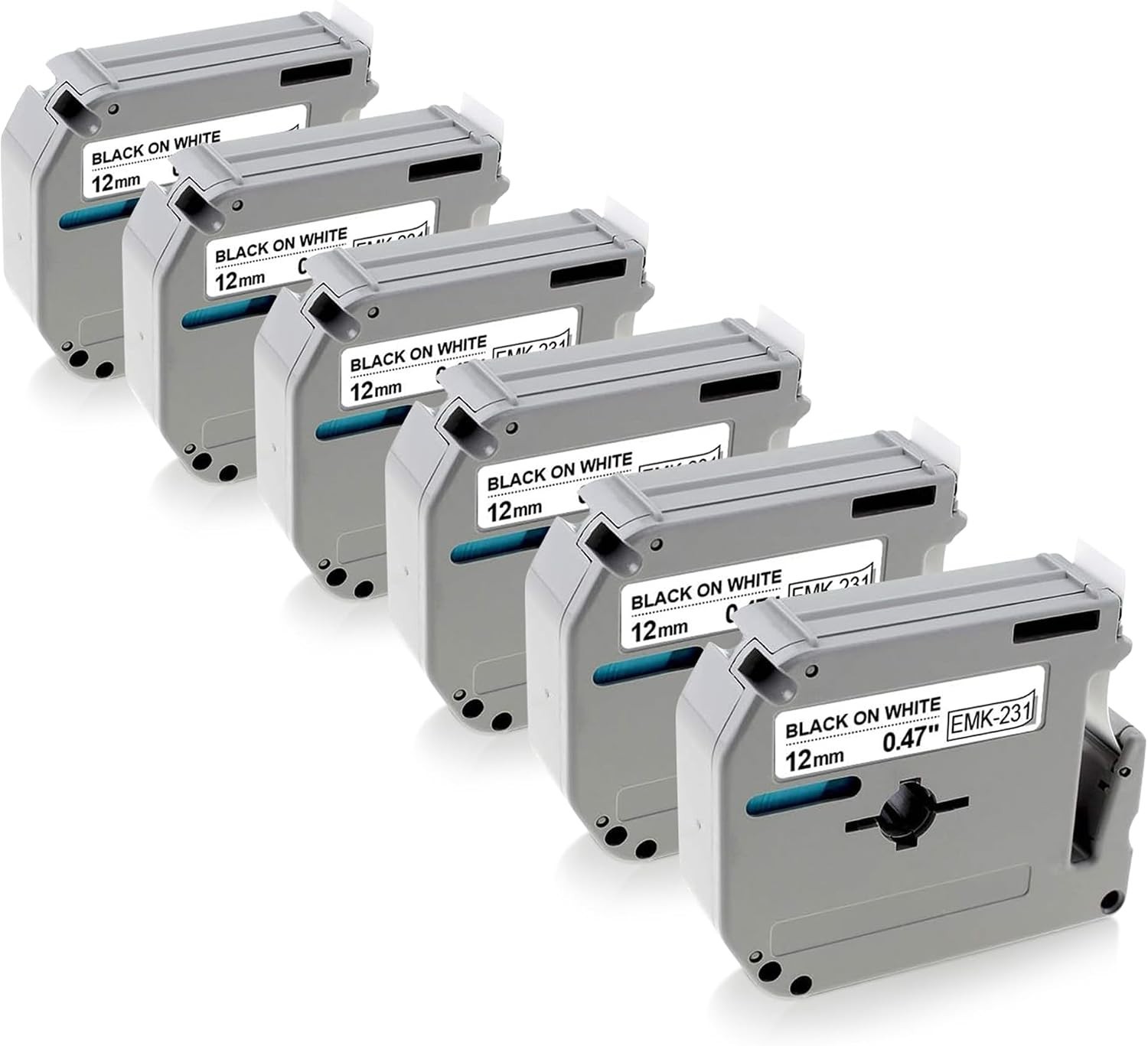 6pk Label Maker Tape 12mm 0.47 - fits Brother M-K231s P-Touch BLACK on WHITE