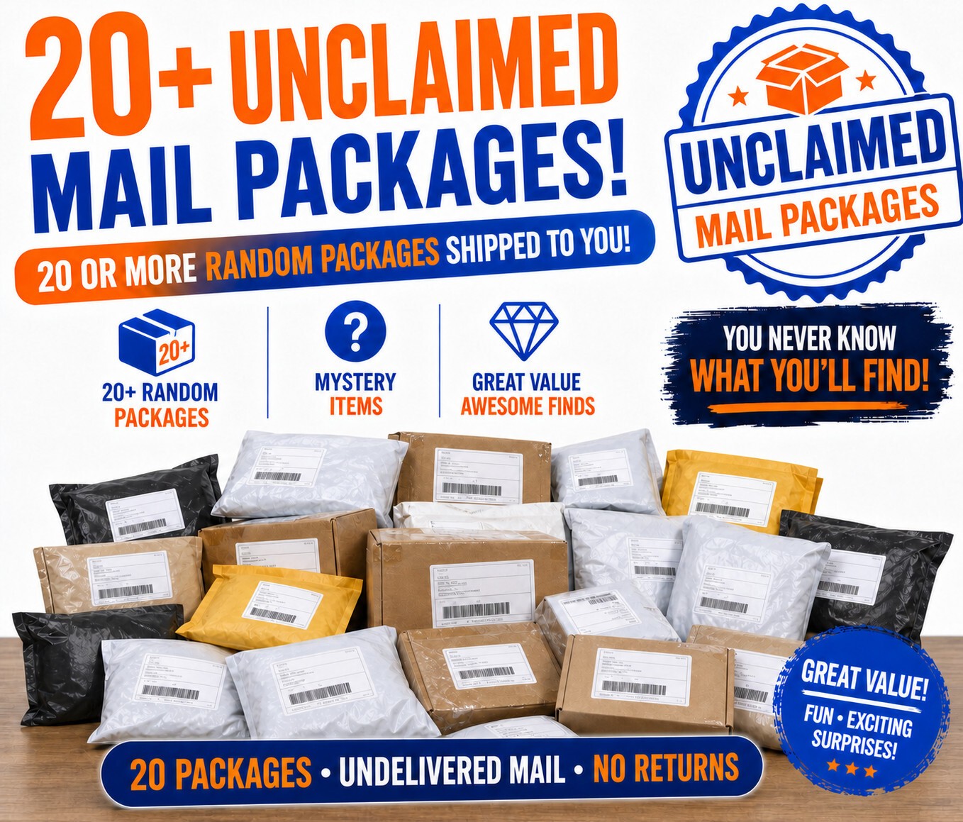 Unclaimed Mail Mystery Box - 20 Undelivered Package - No Return Mail Unclaimed Mail Mystery Box - 20 Undelivered Package - No Return Mail