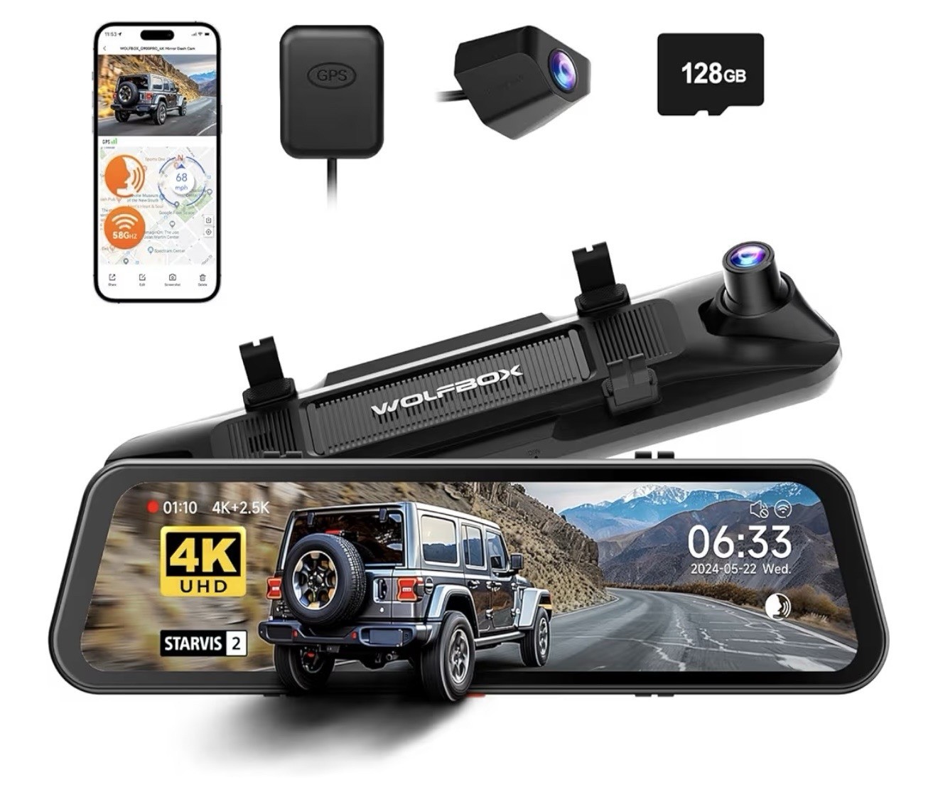 WOLFBOX G900 PRO Mirror Dash Cam with STARVIS 2 IMX678, Rear View Mirror Camera