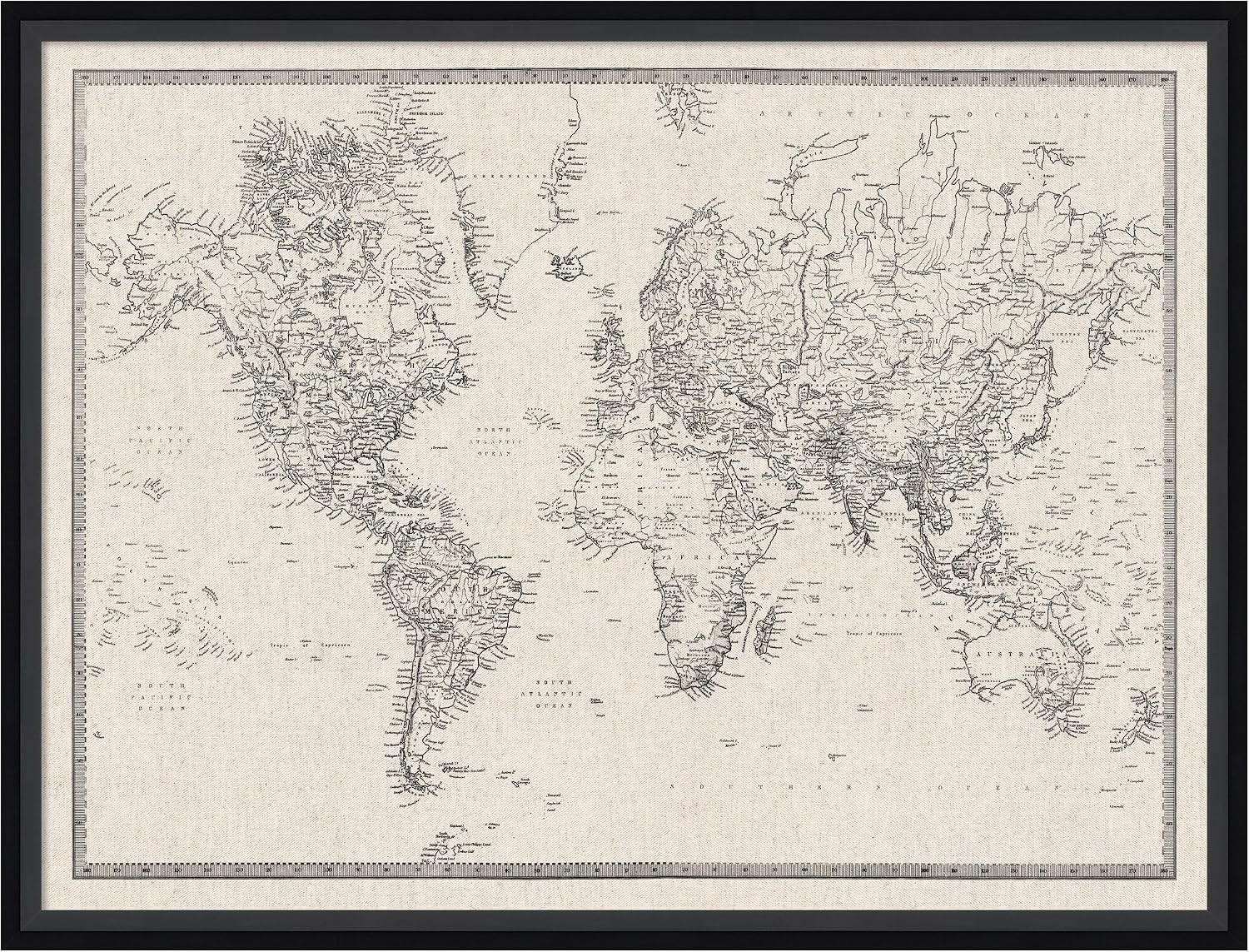Vintage World Map Fabric Pinboard in Lucie Black Frame - 25x19 inches Vintage World Map Fabric Pinboard in Lucie Black Frame - 25x19 inches