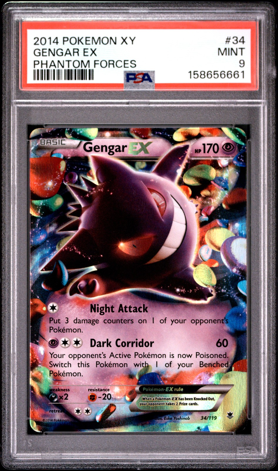 2014 POKEMON XY PHANTOM FORCES #34 GENGAR EX PSA 9