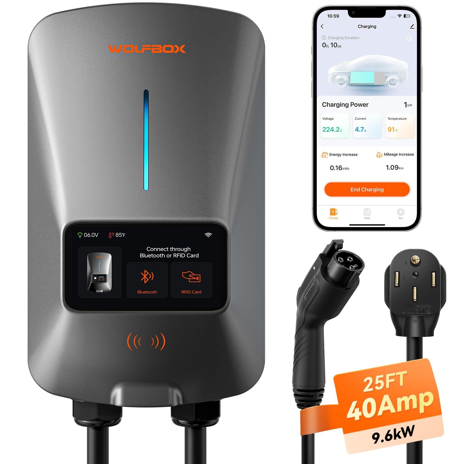 WOLFBOX Level 2 EV Charger 40amp NEMA 14-50 J1772 CSA Certified