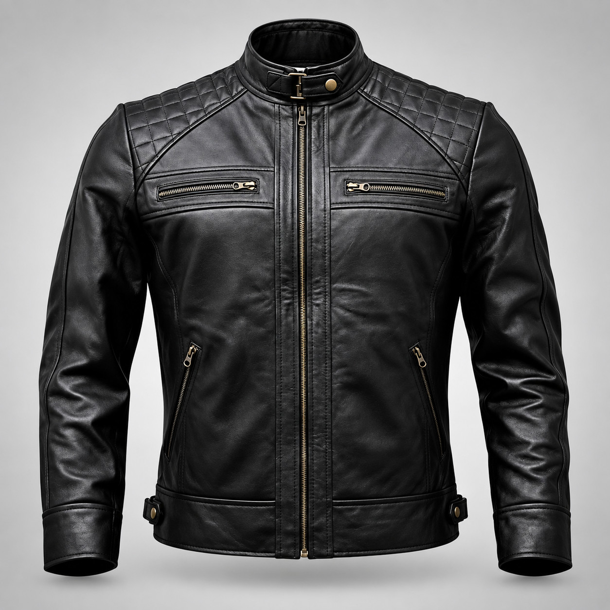 Men's Genuine Lambskin Leather Jacket Black Brown Cafe Racer Motorcycle Biker