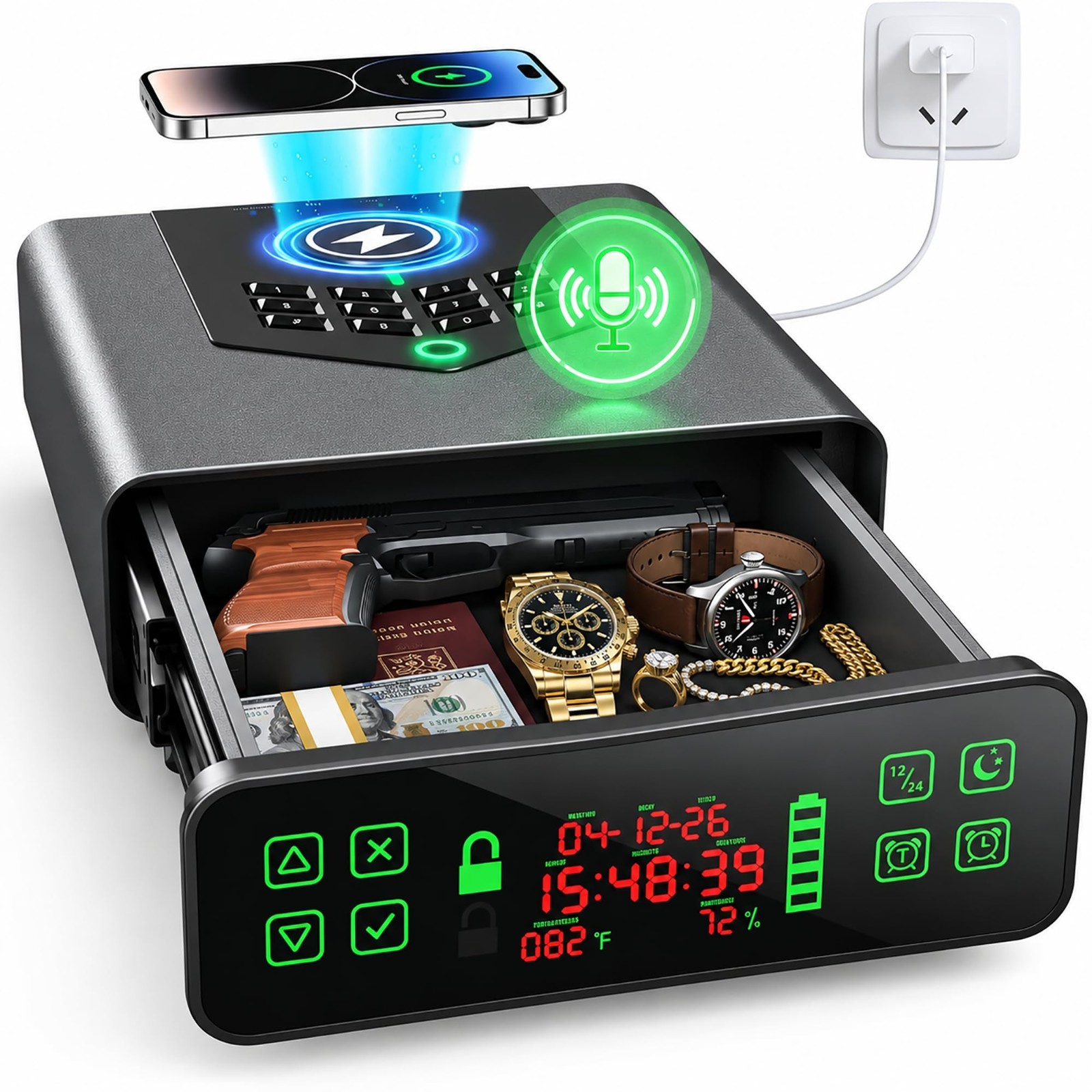 Wolfwake Biometric Smart Gun Safe with Wireless Charging 6-Way Quick Access Digi Wolfwake Biometric Smart Gun Safe with Wireless Charging 6-Way Quick Access Digi