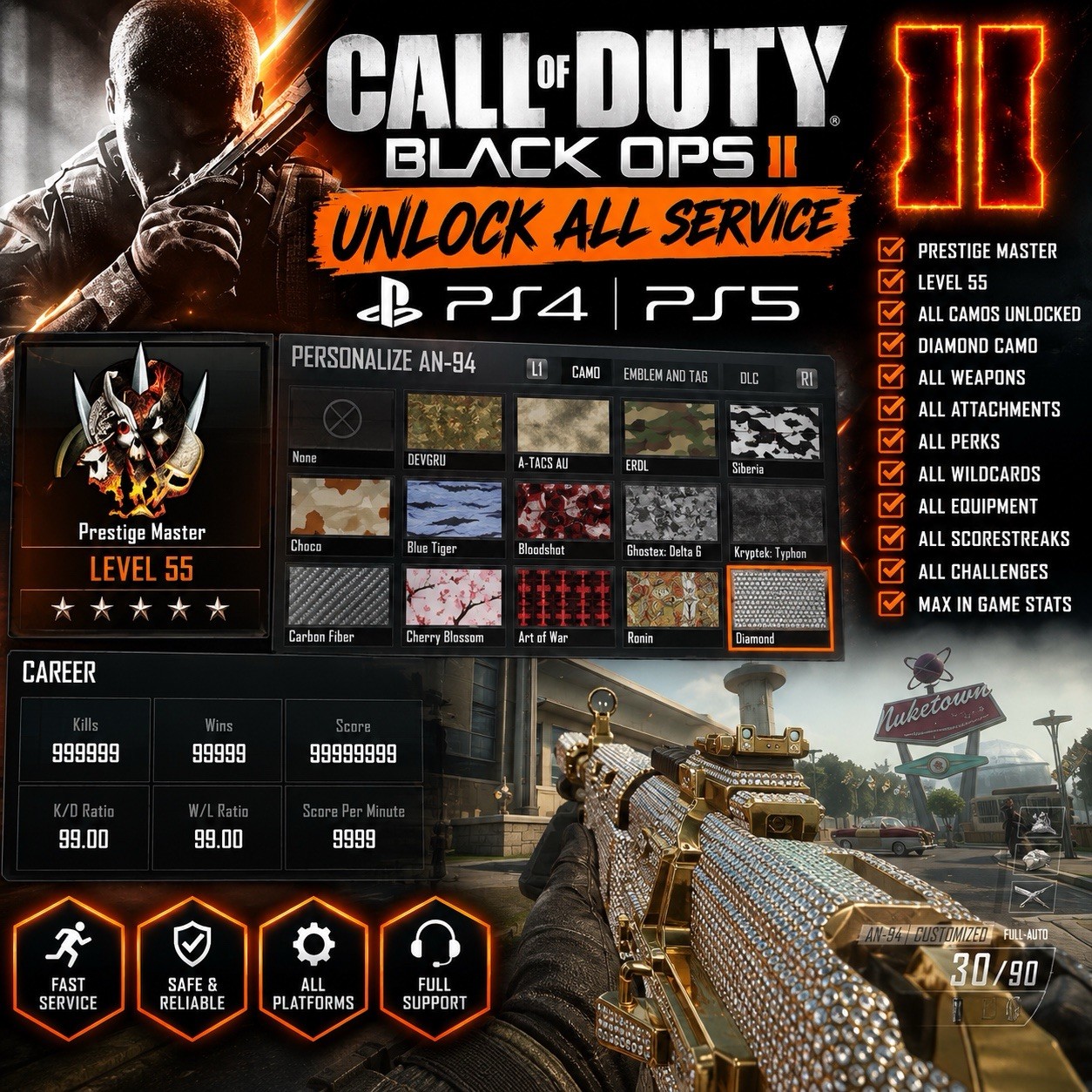 Call of Duty Black Ops 2 Unlock All Service Prestige Level 55 All Camos Stats