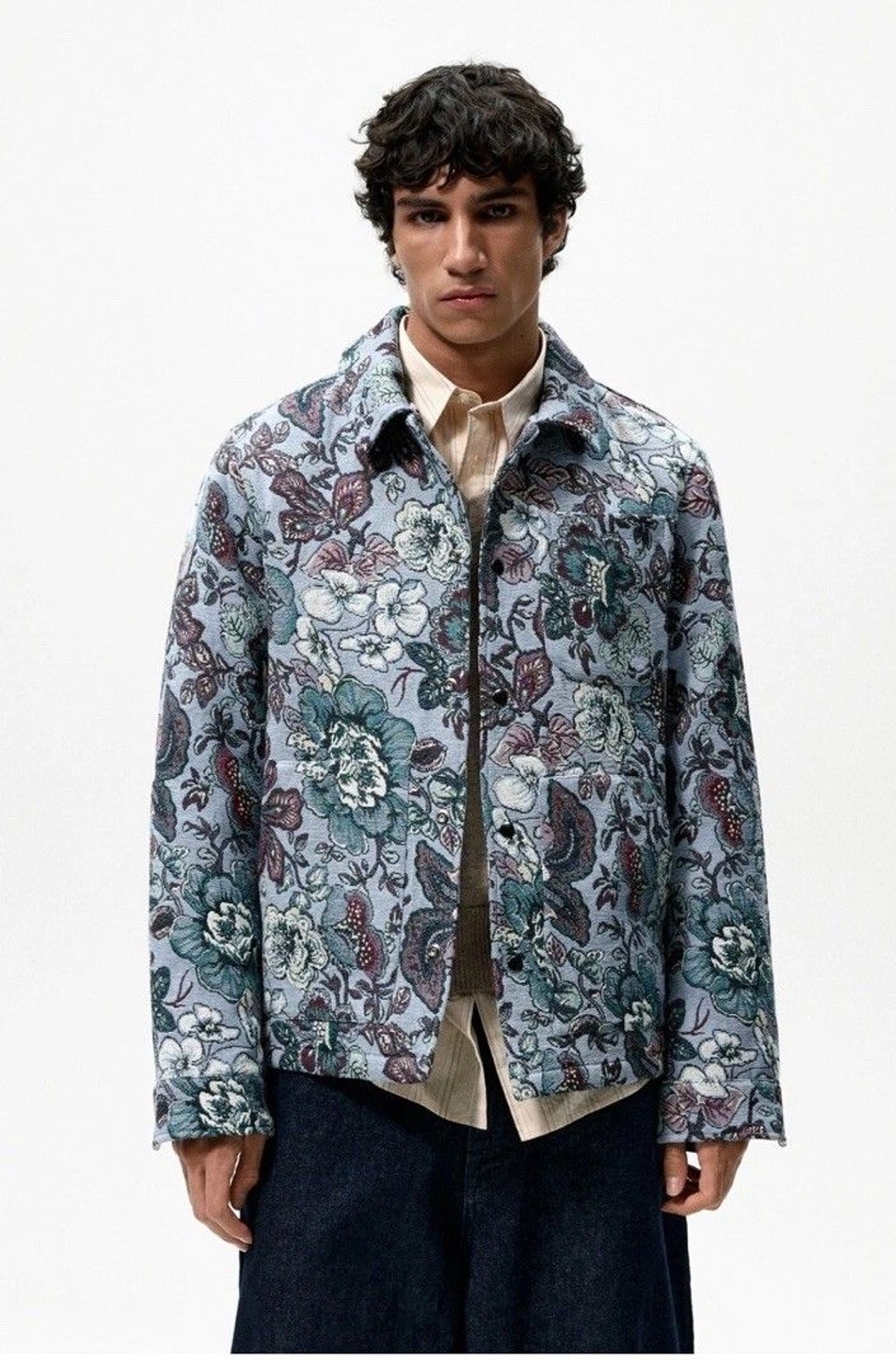 ZARA Men\'s or Unisex Floral Embroidered Jacquard Unique Jacket Blue Size Large