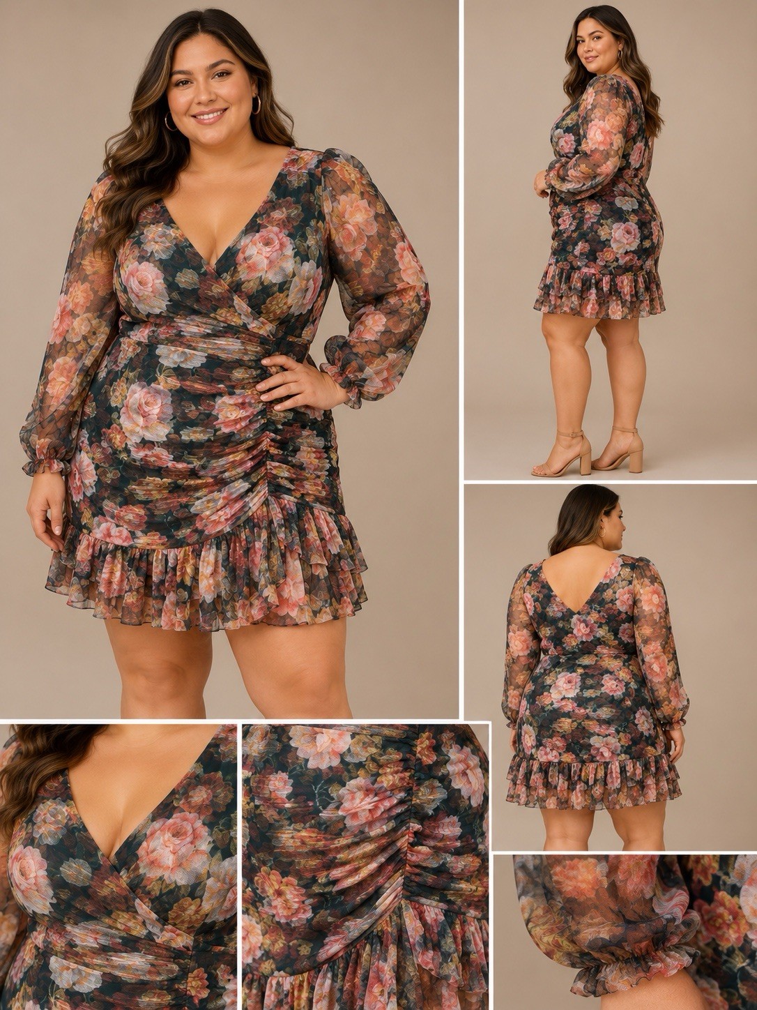 RoseVelvet Floral Chiffon Tulle Sweetheart Ruffle Mini Dress Green Size 3X