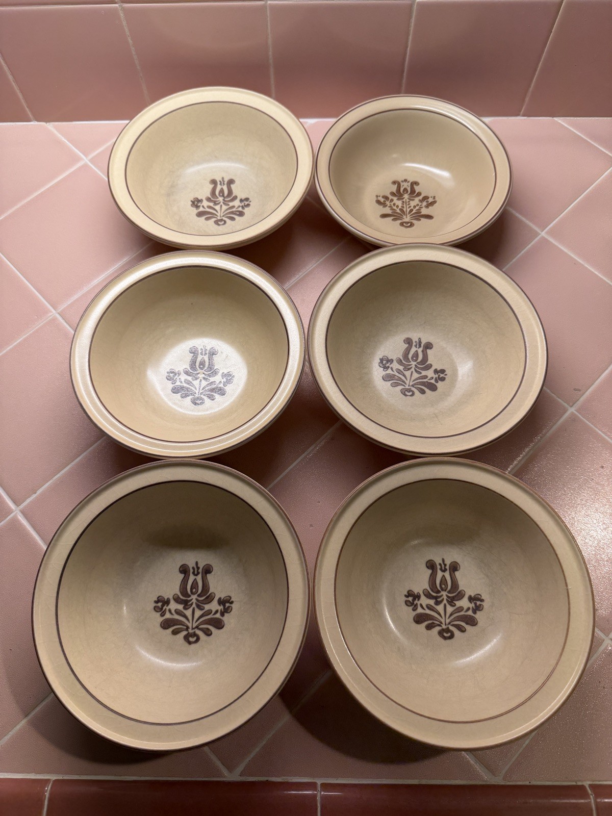 Vintage Pfaltzgraff Village Soup Cereal Bowls Set of 6 Stoneware Brown Floral