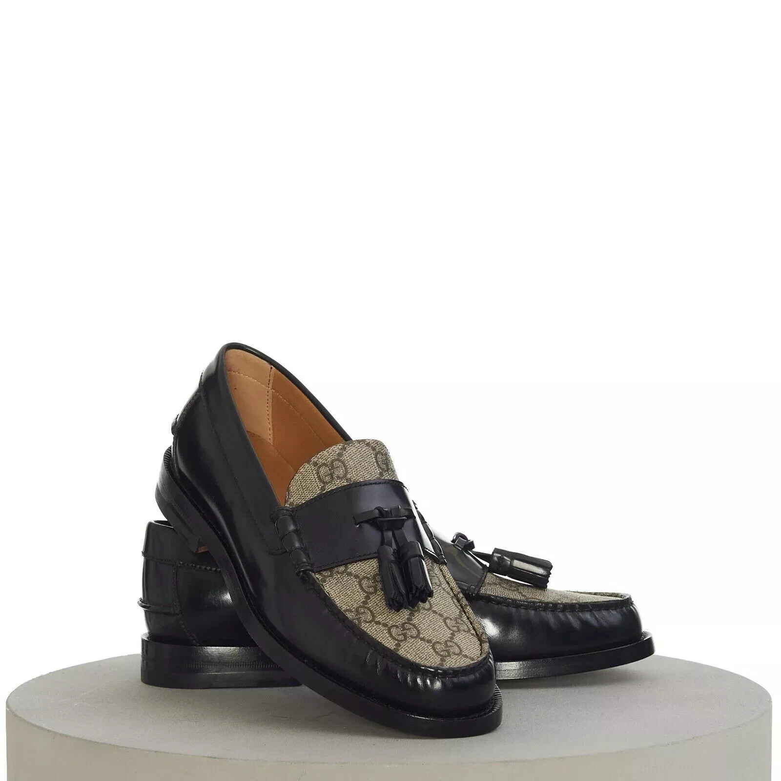 Mens Black Leather Canvas Tassel Loafers Handmade Designer Dress Shoes Brand New