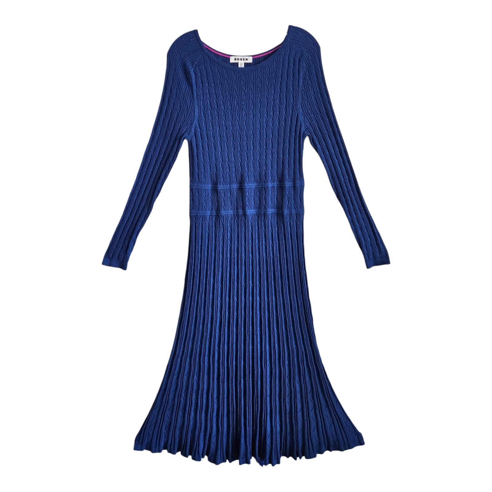 BODEN Women\'s 12 Imogen Knit Midi Dress Blue Textured Long Sleeve Flared Bust 34